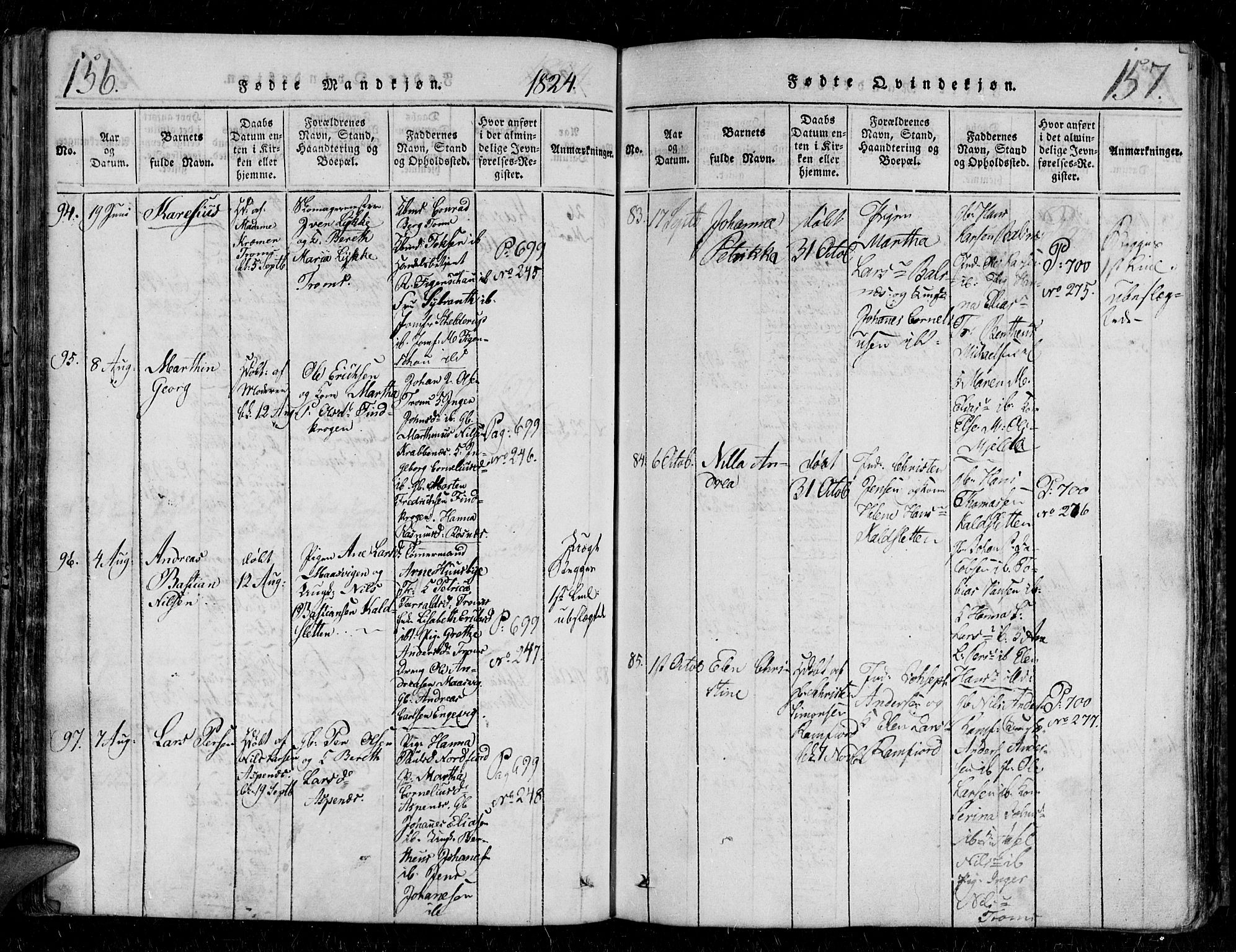 Tromsø sokneprestkontor/stiftsprosti/domprosti, AV/SATØ-S-1343/G/Gb/L0001klokker: Klokkerbok nr. 1, 1821-1833, s. 156-157