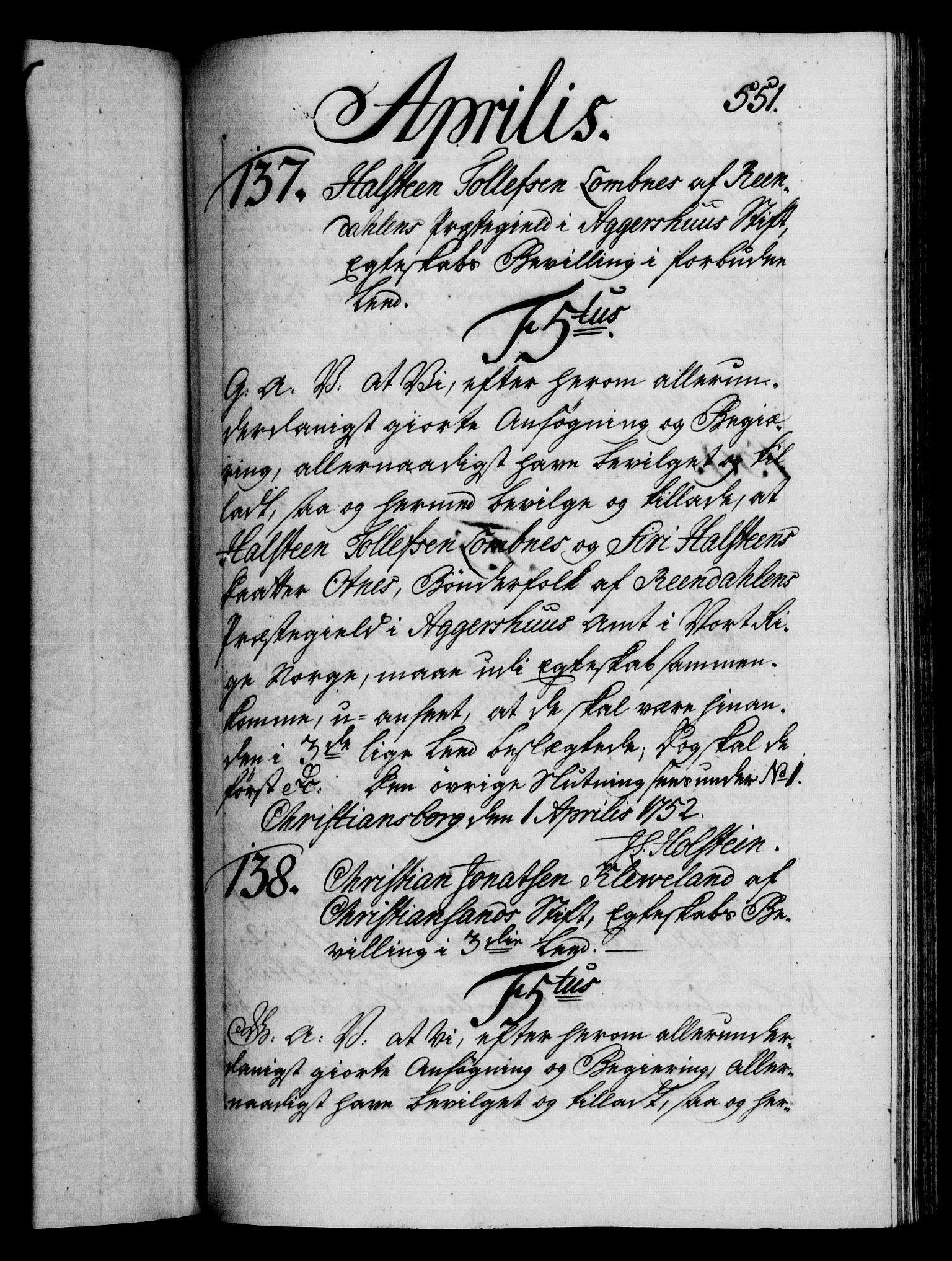 Danske Kanselli 1572-1799, RA/EA-3023/F/Fc/Fca/Fcaa/L0037: Norske registre, 1751-1752, s. 551a