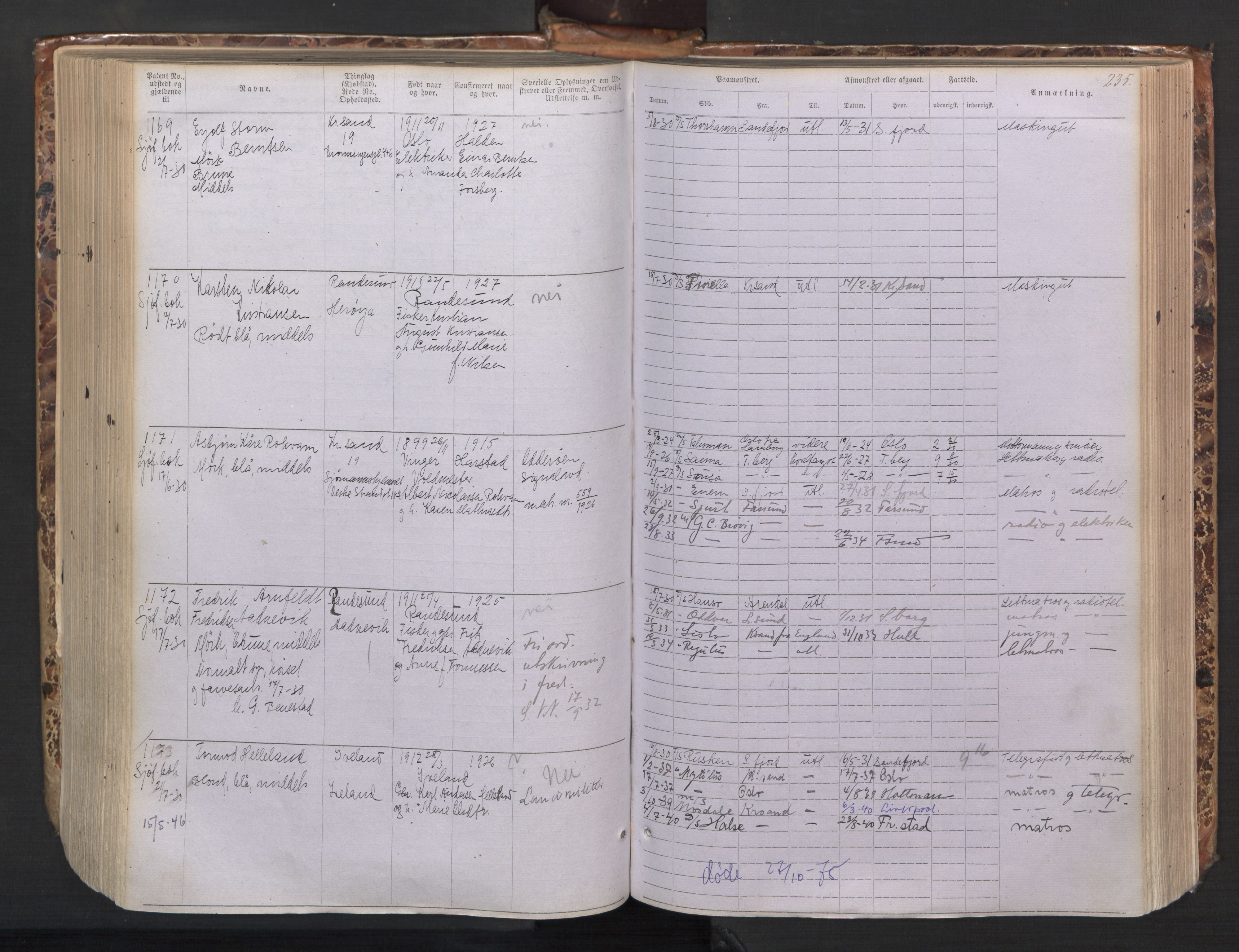 Kristiansand mønstringskrets, AV/SAK-2031-0015/F/Fa/L0008: Annotasjonsrulle nr 1-1330 med register, I-6, 1915-1948, s. 262