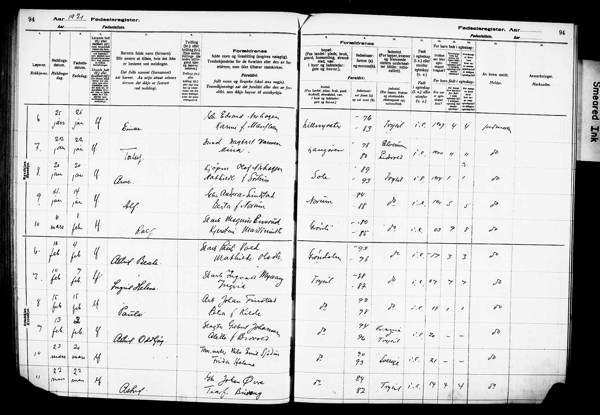 Trysil prestekontor, AV/SAH-PREST-046/I/Id/Ida/L0001: Fødselsregister nr. I 1, 1916-1927, s. 94