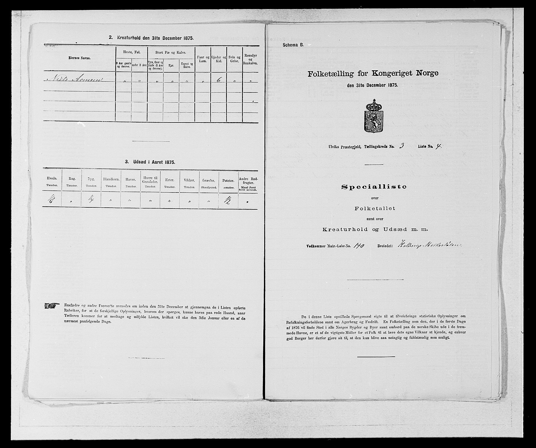 SAB, Folketelling 1875 for 1233P Ulvik prestegjeld, 1875, s. 496