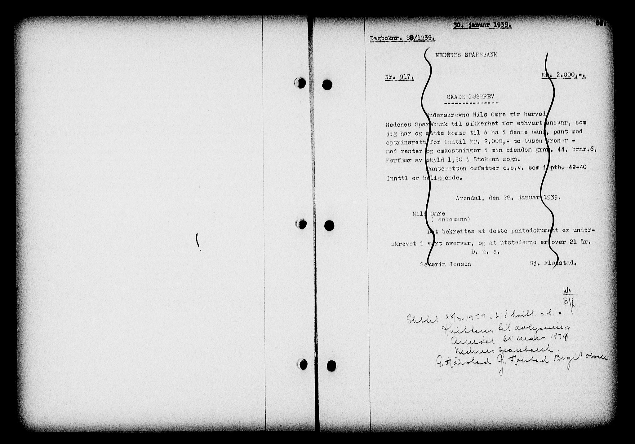 Nedenes sorenskriveri, SAK/1221-0006/G/Gb/Gba/L0046: Pantebok nr. 42, 1938-1939, Dagboknr: 88/1939