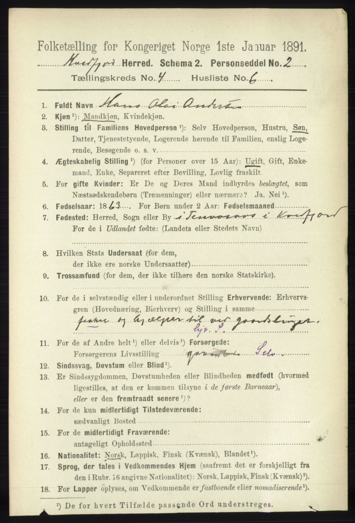 RA, Folketelling 1891 for 1911 Kvæfjord herred, 1891, s. 1922