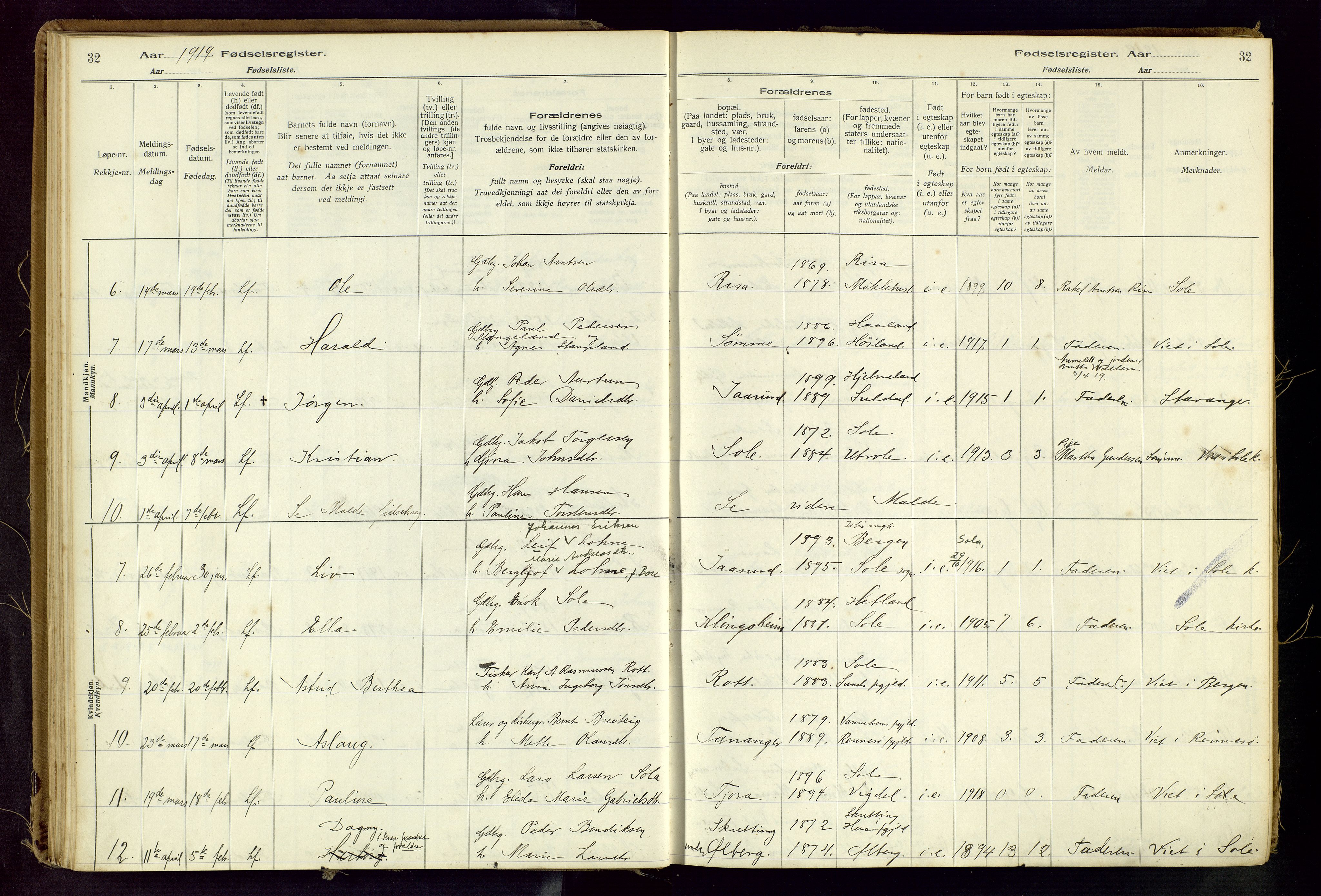 Håland sokneprestkontor, AV/SAST-A-101802/001/704BA/L0001: Fødselsregister nr. 1, 1916-1936, s. 32