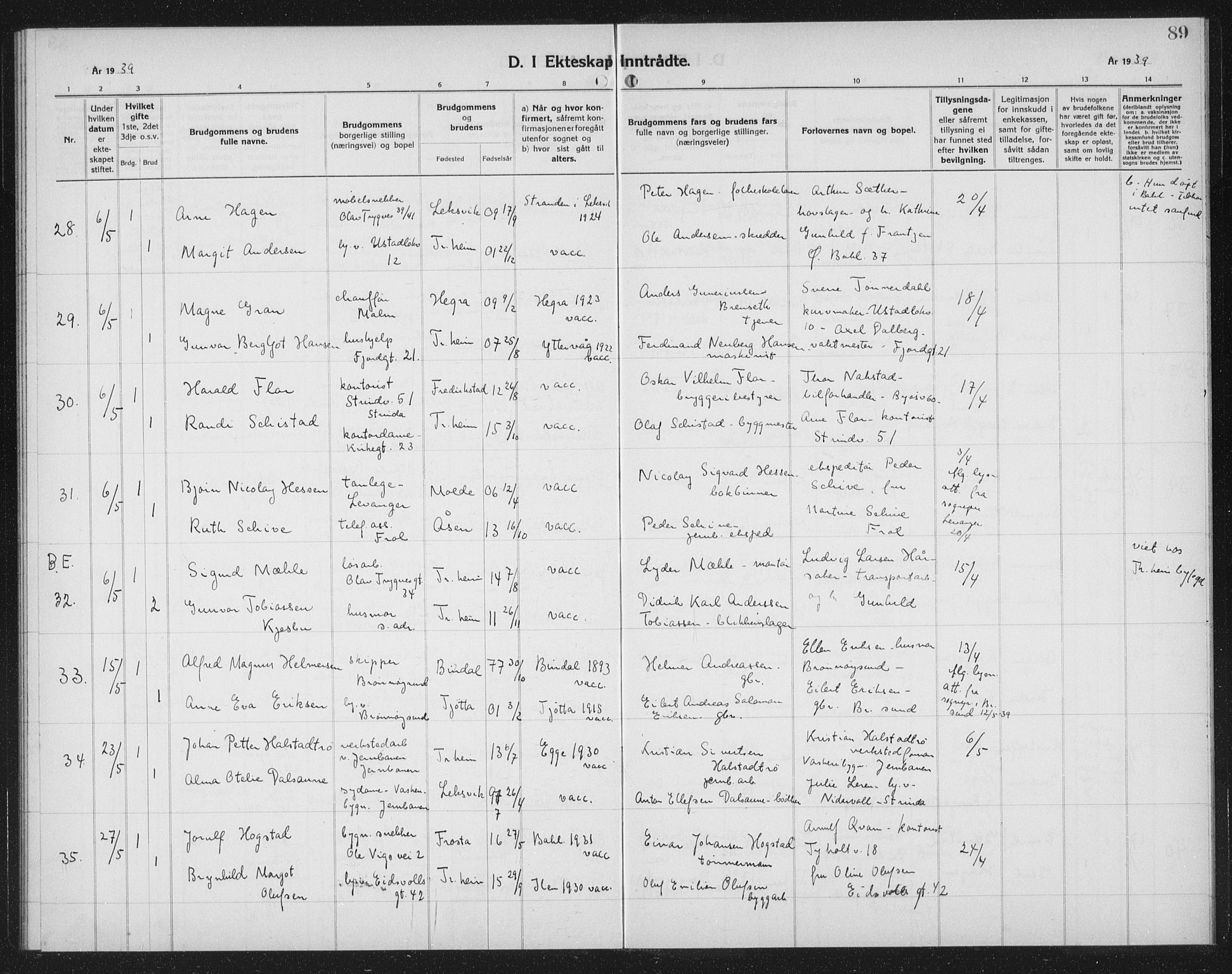 Ministerialprotokoller, klokkerbøker og fødselsregistre - Sør-Trøndelag, AV/SAT-A-1456/602/L0152: Klokkerbok nr. 602C20, 1933-1940, s. 89