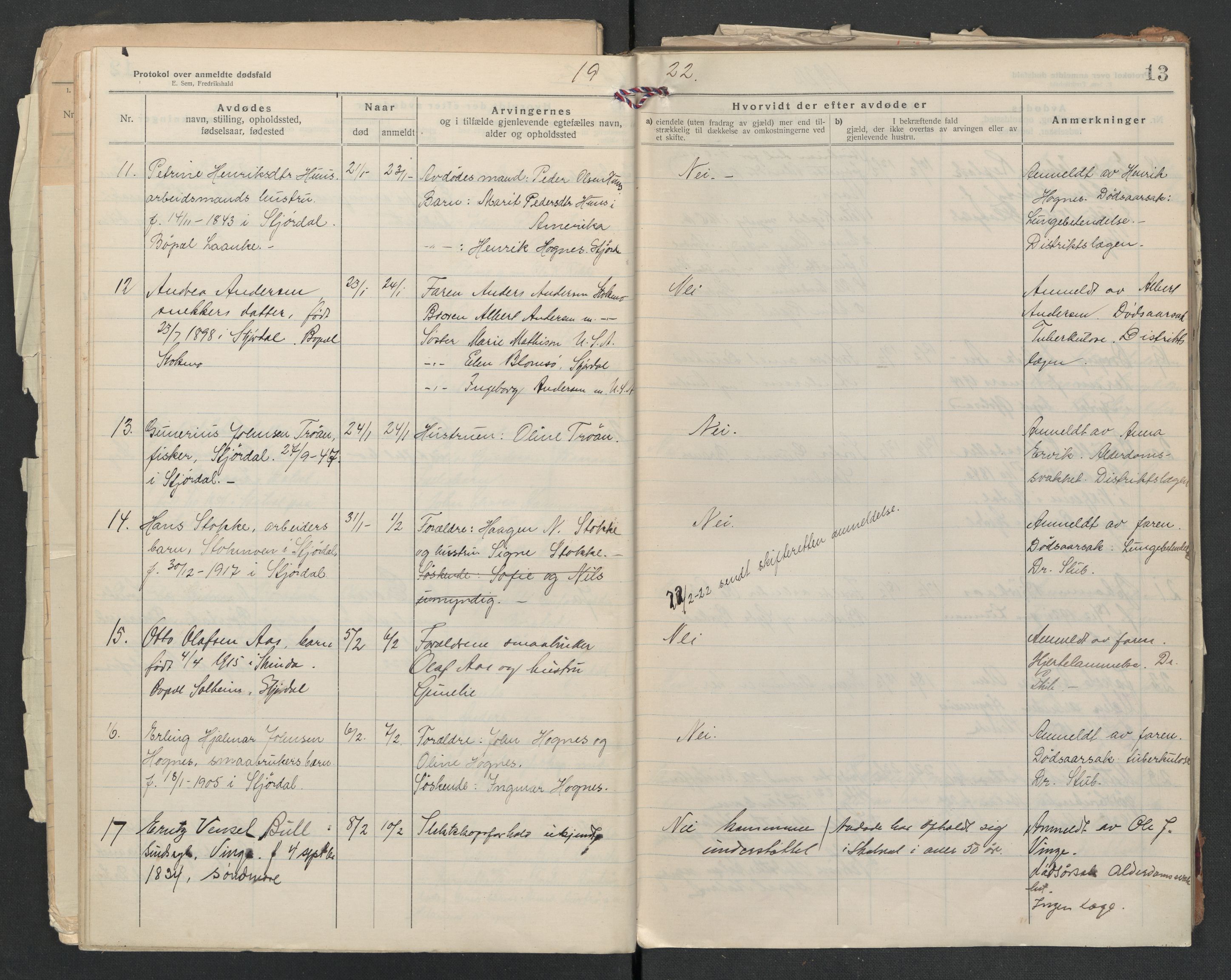 Nedre Stjørdal lensmannskontor, AV/SAT-A-1044/02/L0005: 2.01.05 Dødsfallsprotokoller, 1921-1928, s. 13