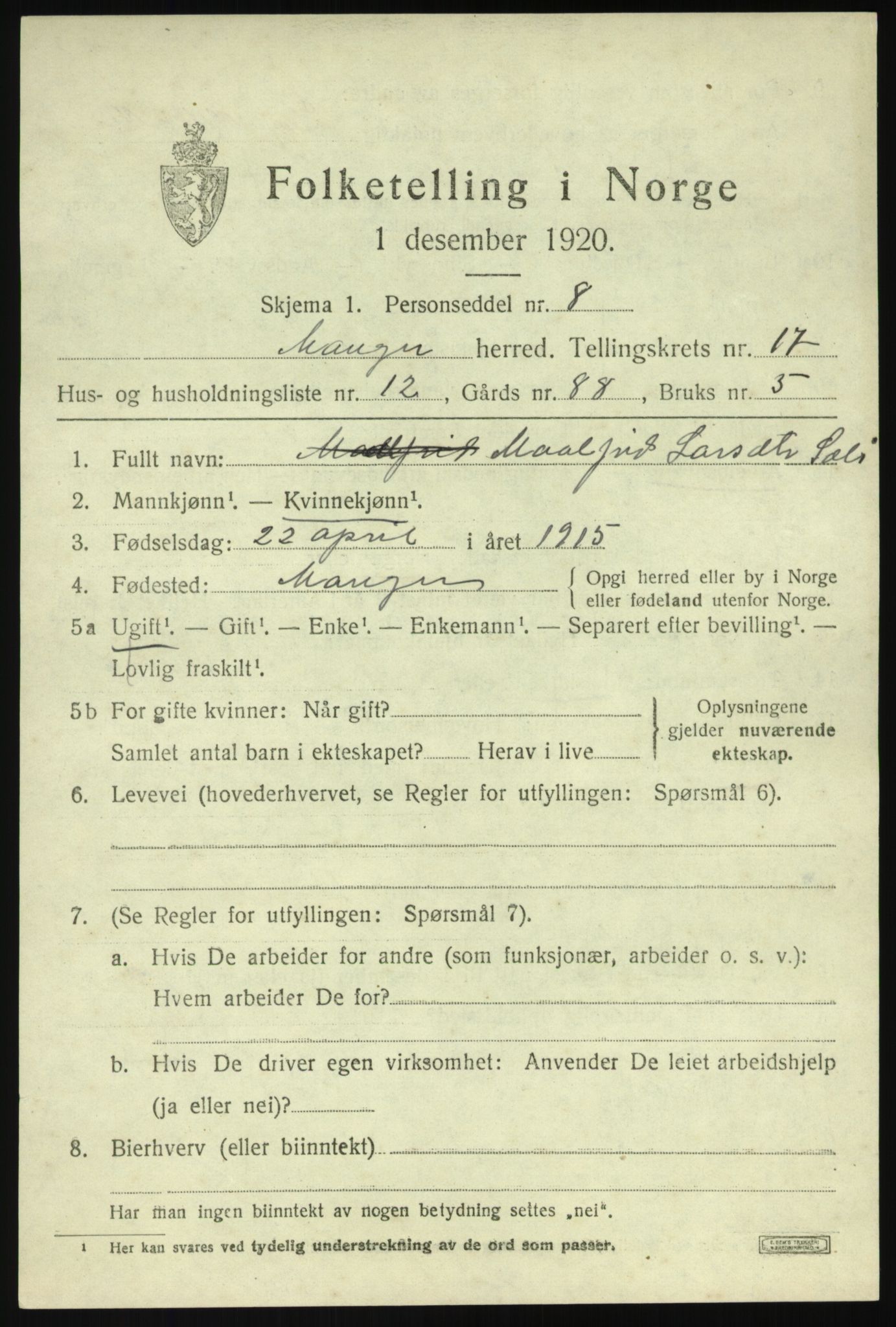 SAB, Folketelling 1920 for 1261 Manger herred, 1920, s. 9702