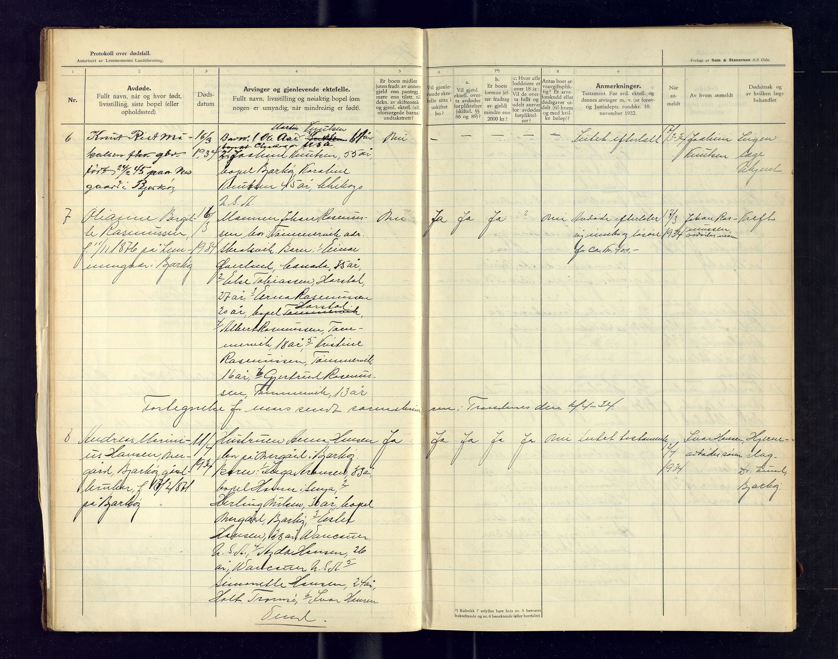 Bjarkøy lensmannskontor, AV/SATØ-SATØ-61/F/Fj/Fja/L0112: Dødsfallsprotokoll, med register løst i boken, 1933-1949