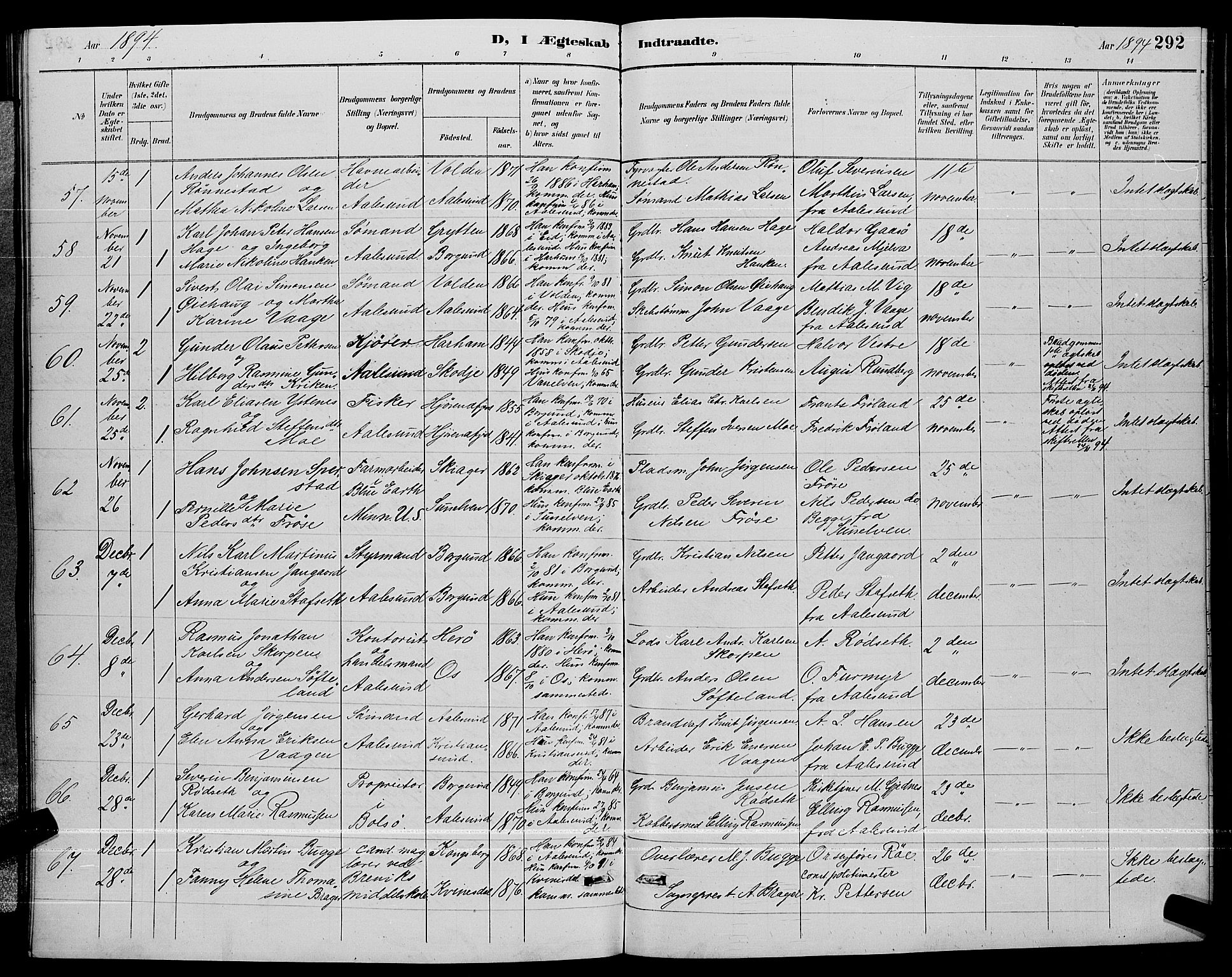 Ministerialprotokoller, klokkerbøker og fødselsregistre - Møre og Romsdal, AV/SAT-A-1454/529/L0467: Klokkerbok nr. 529C04, 1889-1897, s. 292