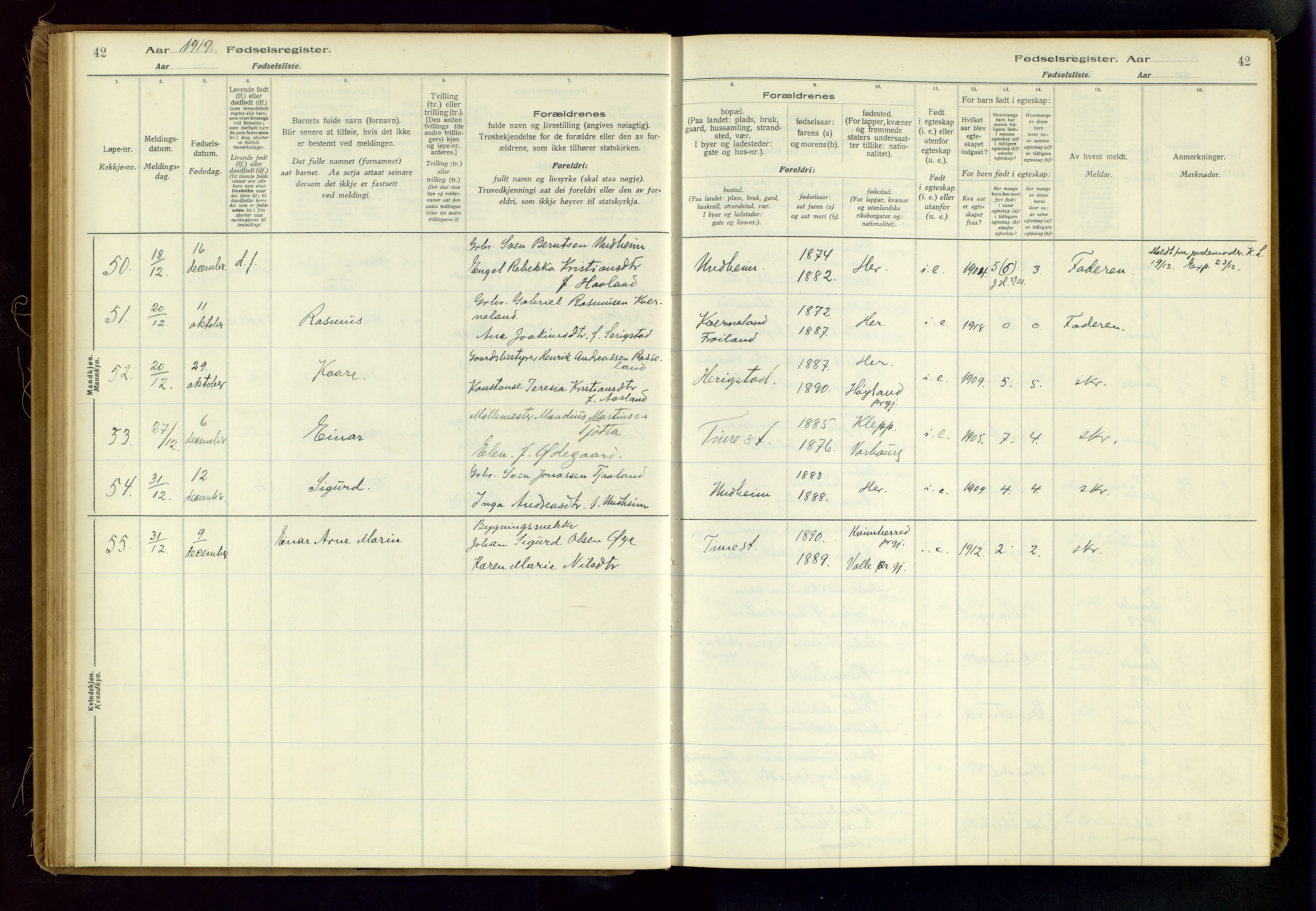 Time sokneprestkontor, AV/SAST-A-101795/001/704BA/L0001: Fødselsregister nr. 1, 1916-1934, s. 42