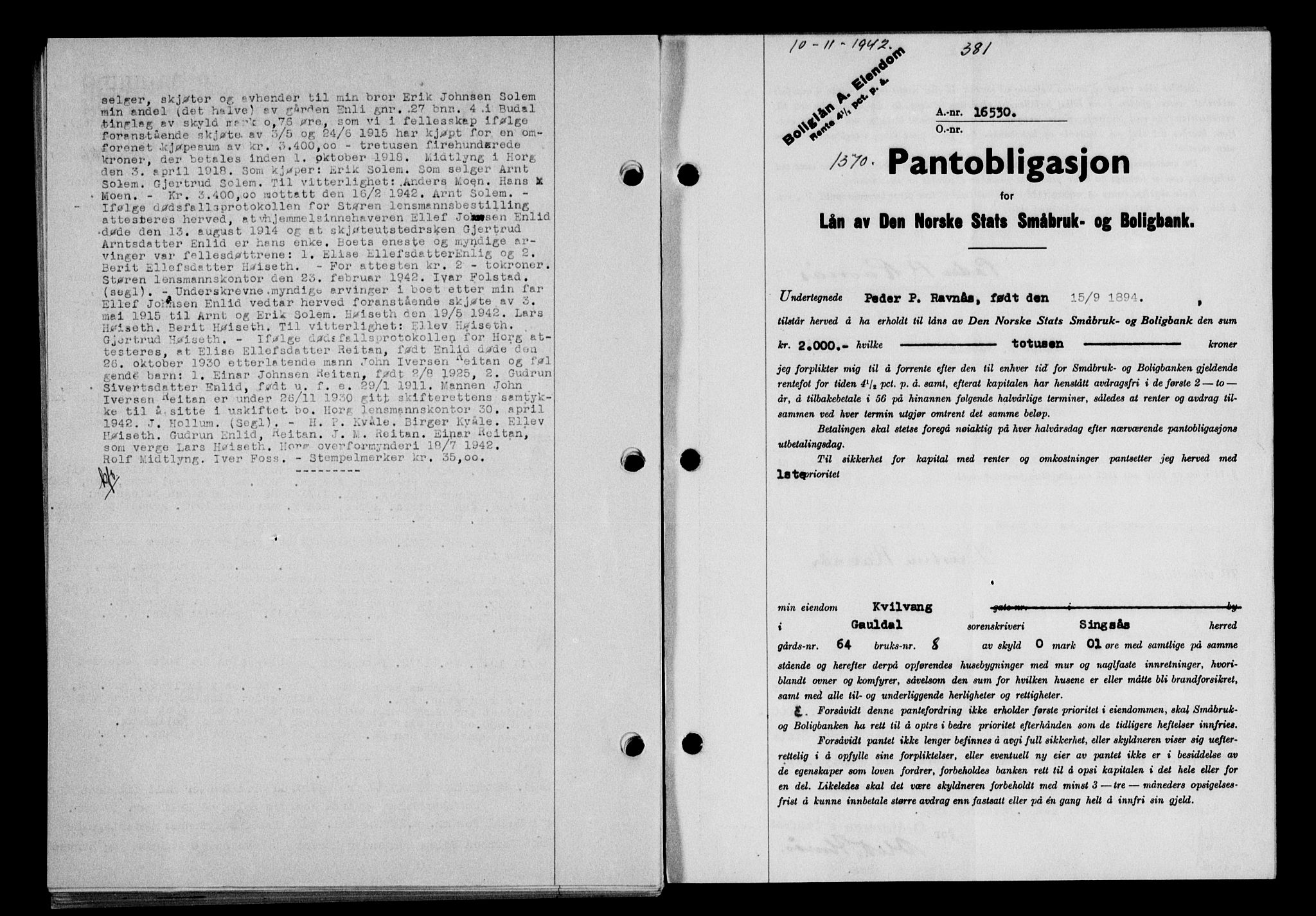 Gauldal sorenskriveri, SAT/A-0014/1/2/2C/L0055: Pantebok nr. 60, 1942-1942, Dagboknr: 1370/1942