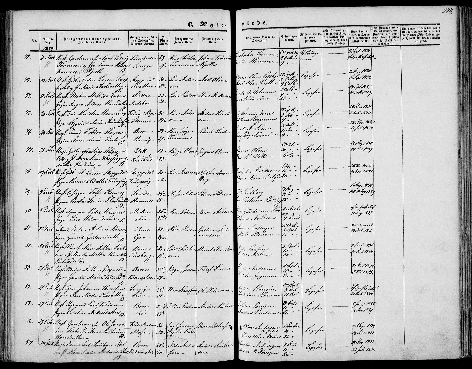 Borre kirkebøker, AV/SAKO-A-338/F/Fa/L0006: Ministerialbok nr. I 6, 1852-1862, s. 244