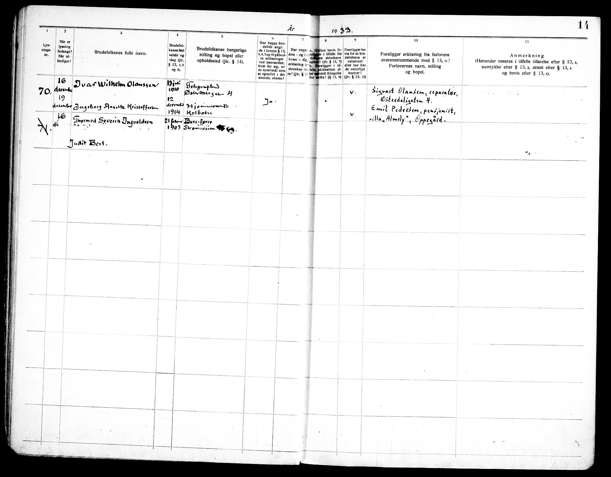 Vålerengen prestekontor Kirkebøker, AV/SAO-A-10878/H/Ha/L0004: Lysningsprotokoll nr. 4, 1932-1947, s. 14