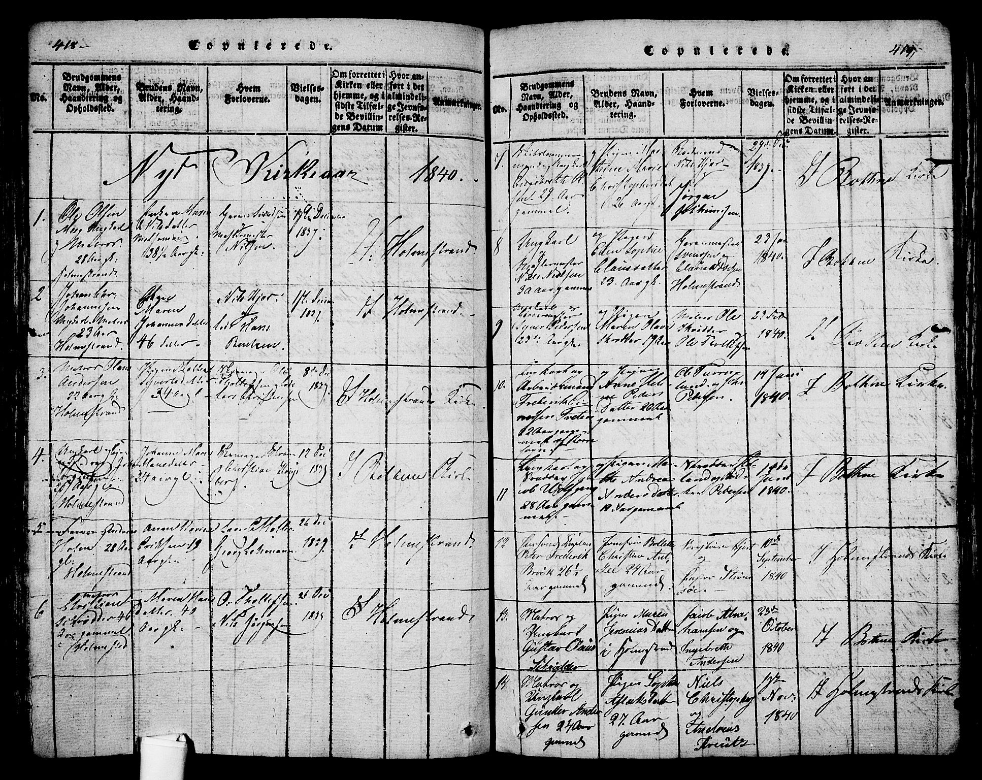 Holmestrand kirkebøker, AV/SAKO-A-346/G/Ga/L0001: Klokkerbok nr. 1, 1814-1848, s. 418-419