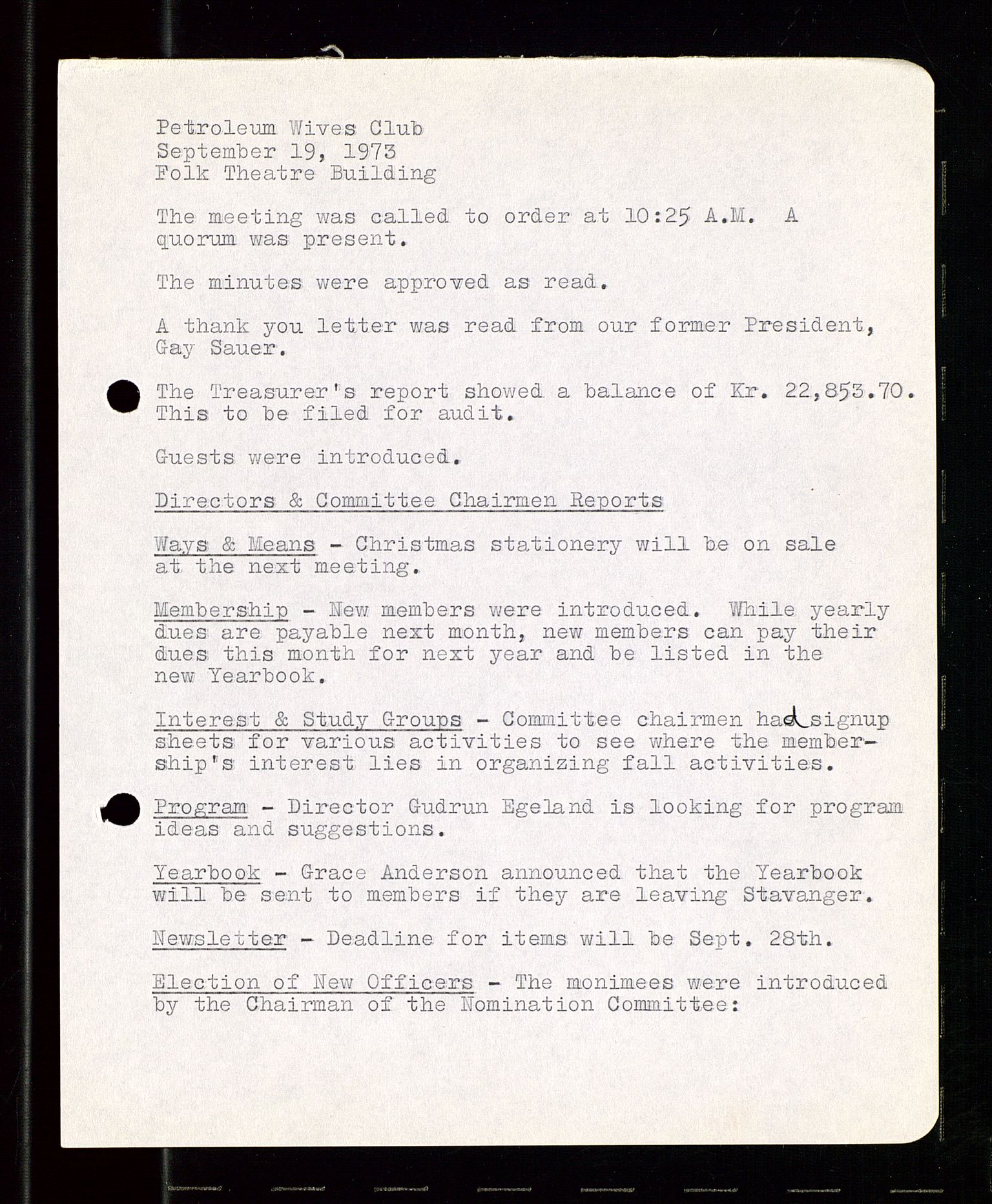 PA 1547 - Petroleum Wives Club, AV/SAST-A-101974/A/Aa/L0001: Board and General Meeting, 1970-1983