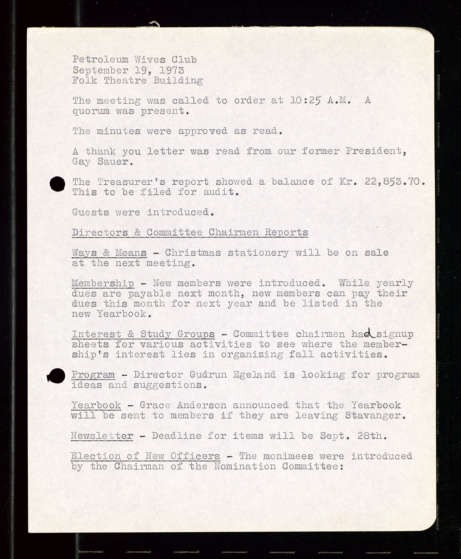 PA 1547 - Petroleum Wives Club, SAST/A-101974/A/Aa/L0001: Board and General Meeting, 1970-1983