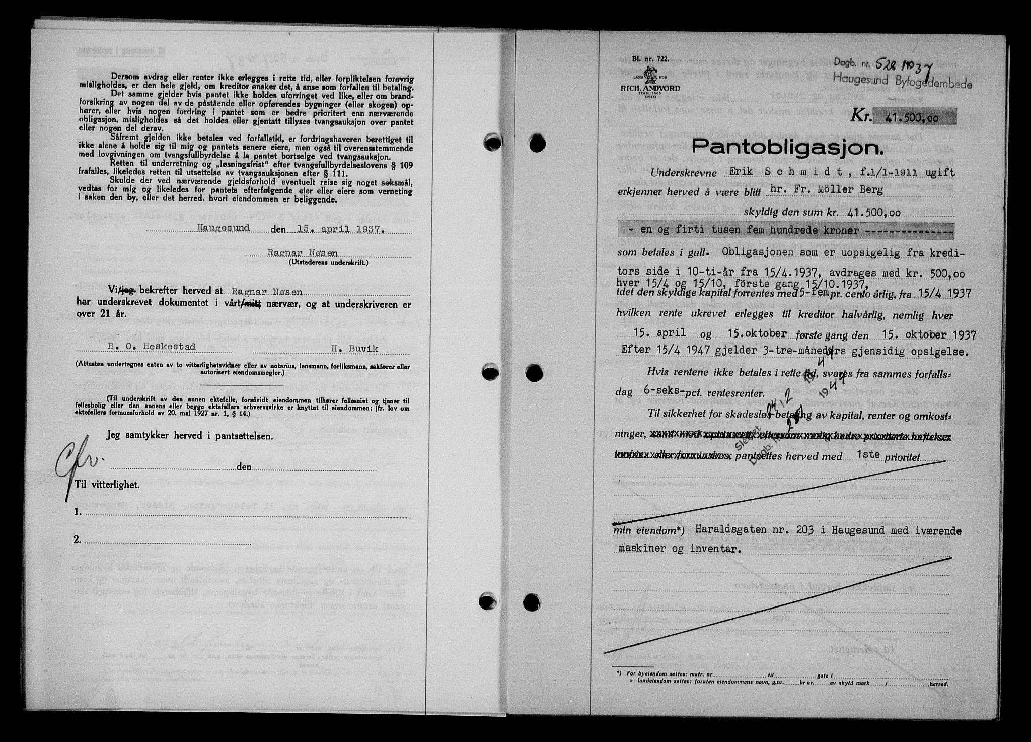 Haugesund tingrett, AV/SAST-A-101415/01/II/IIC/L0031: Pantebok nr. 31, 1936-1938, Dagboknr: 528/1937