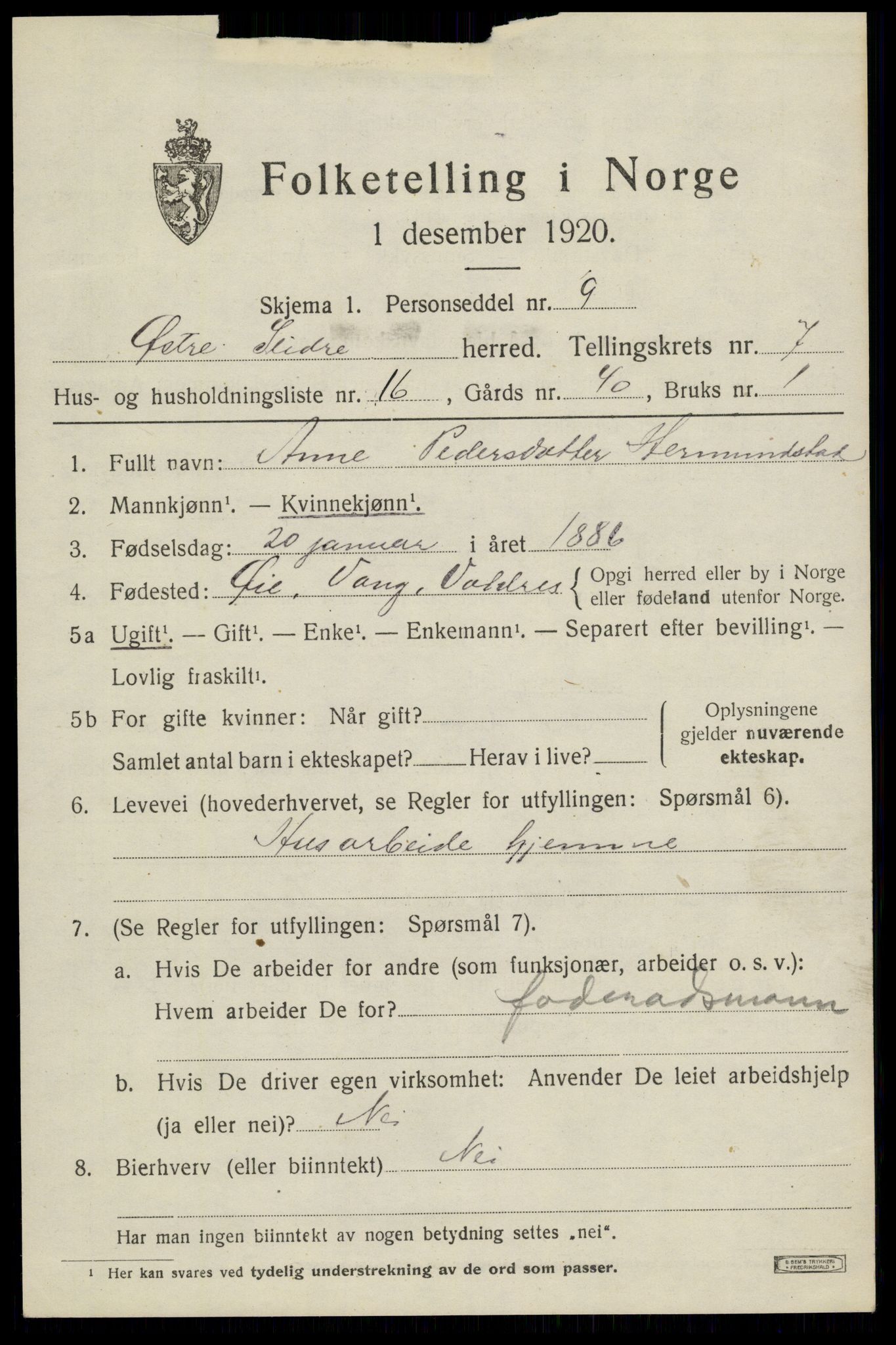 SAH, Folketelling 1920 for 0544 Øystre Slidre herred, 1920, s. 4175