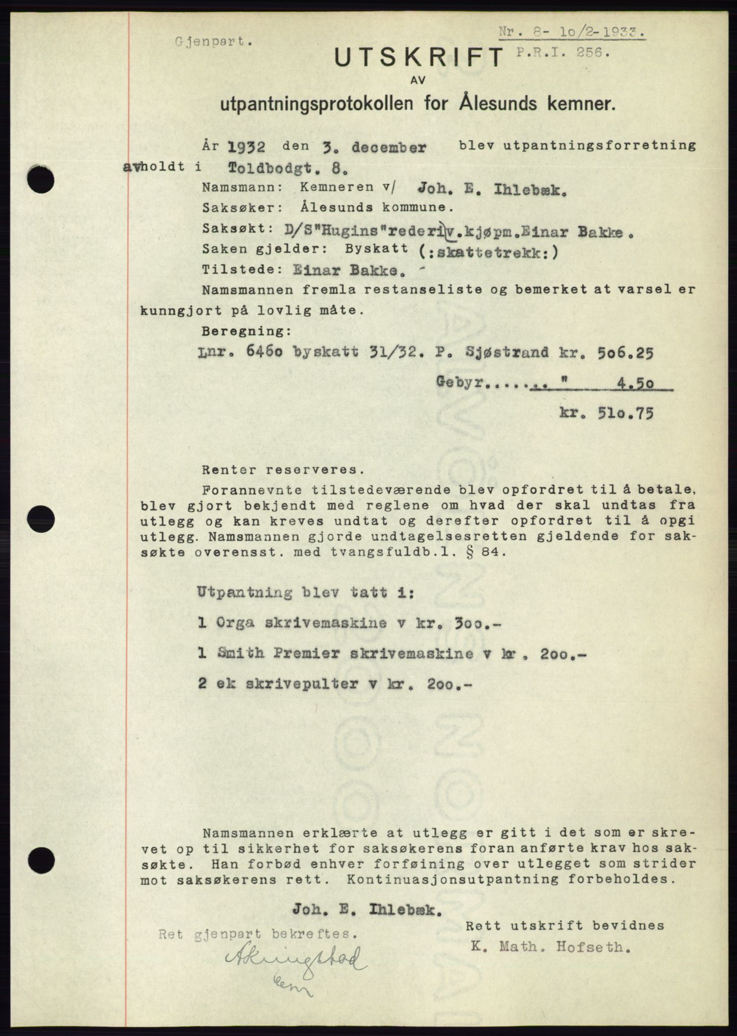 Ålesund byfogd, AV/SAT-A-4384: Pantebok nr. 30, 1932-1933, Tingl.dato: 10.02.1933