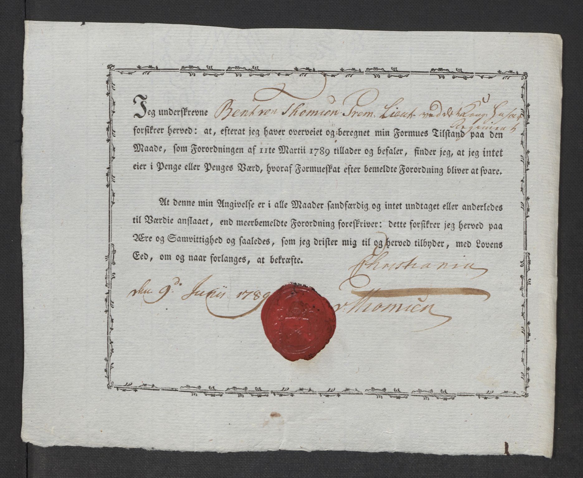 Rentekammeret inntil 1814, Reviderte regnskaper, Mindre regnskaper, AV/RA-EA-4068/Rf/Rfe/L0006: Christiania, 1789, s. 359