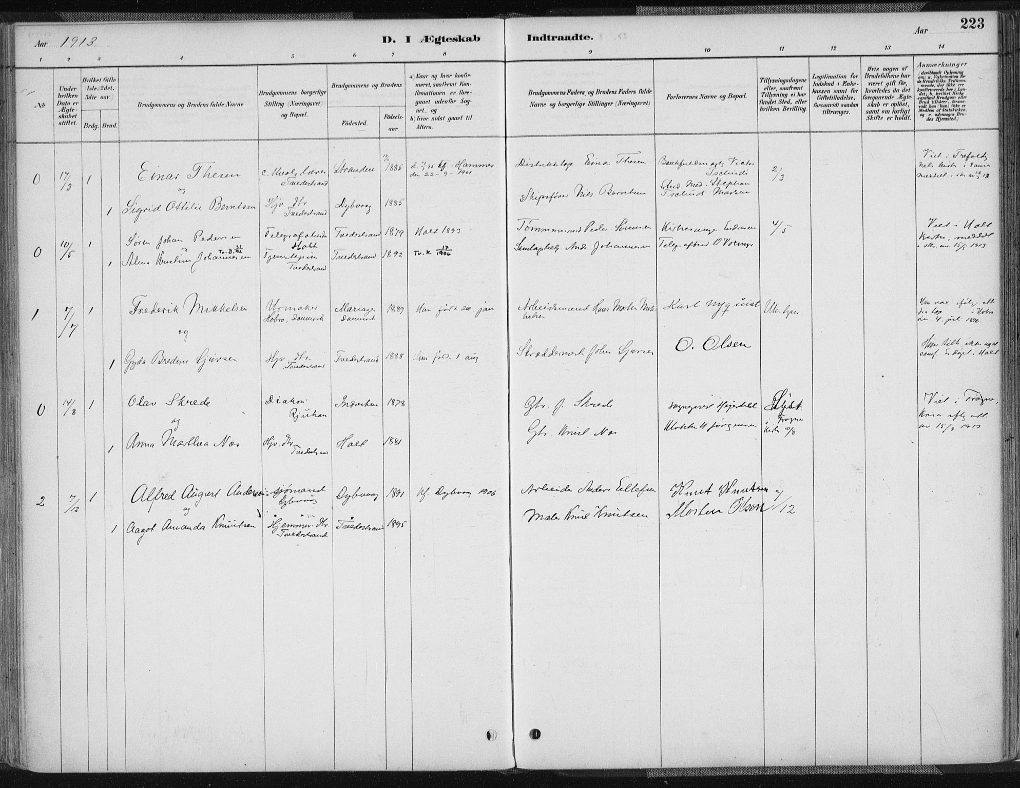 Tvedestrand sokneprestkontor, AV/SAK-1111-0042/F/Fa/L0001: Ministerialbok nr. A 1, 1885-1916, s. 223