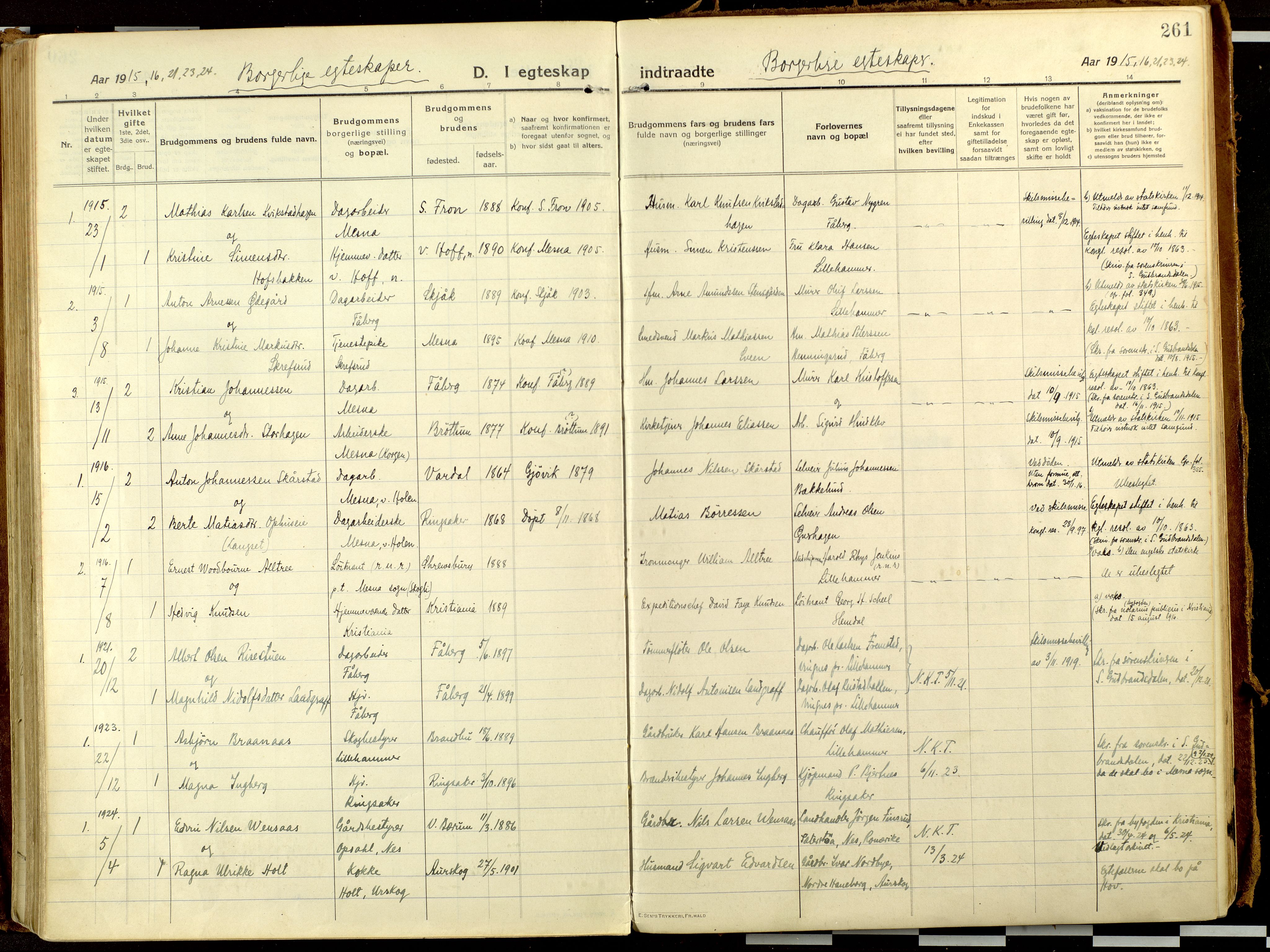 Fåberg prestekontor, AV/SAH-PREST-086/H/Ha/Haa/L0013: Ministerialbok nr. 13, 1913-1928, s. 261