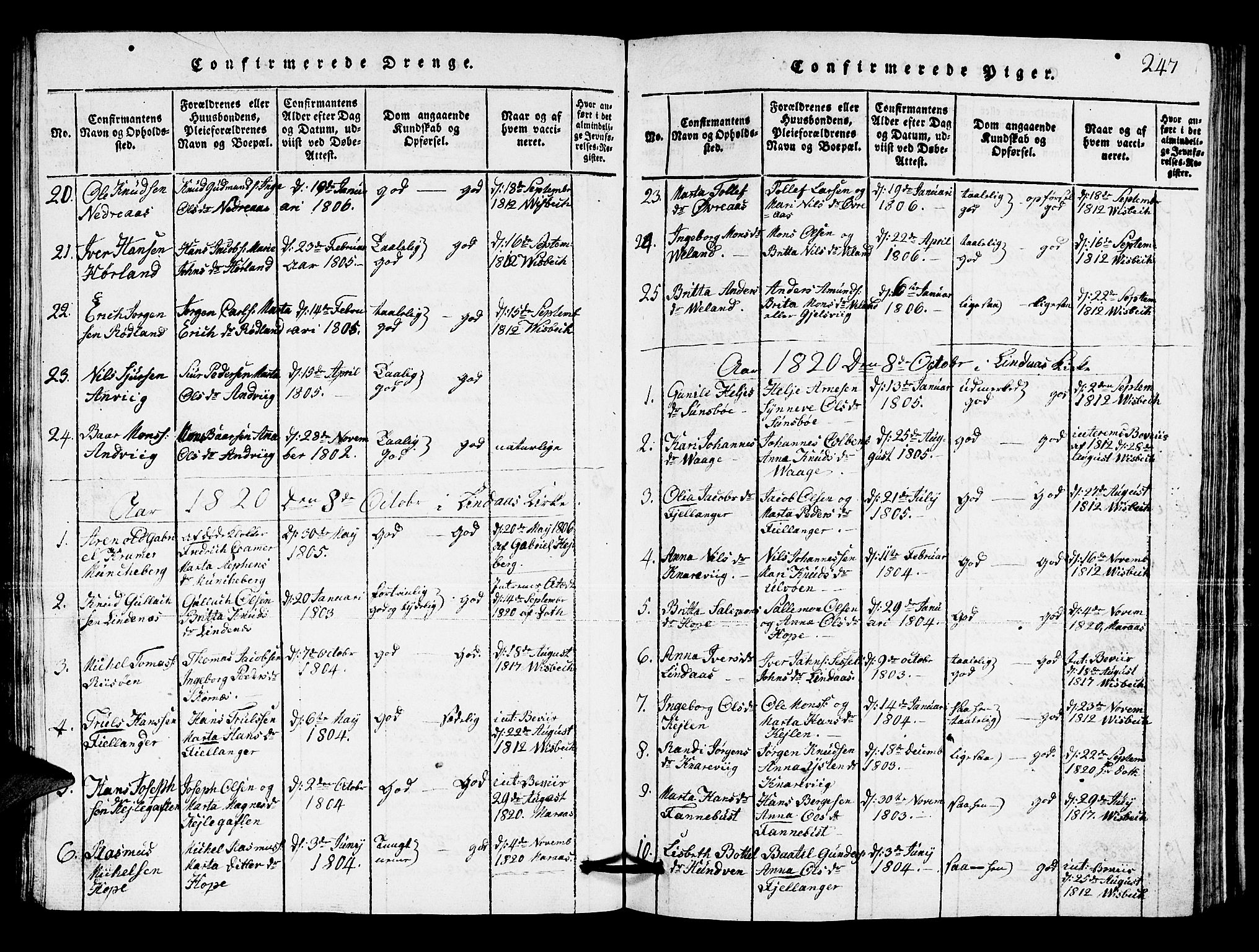 Lindås Sokneprestembete, AV/SAB-A-76701/H/Hab/Haba/L0001: Klokkerbok nr. A 1, 1816-1823, s. 247