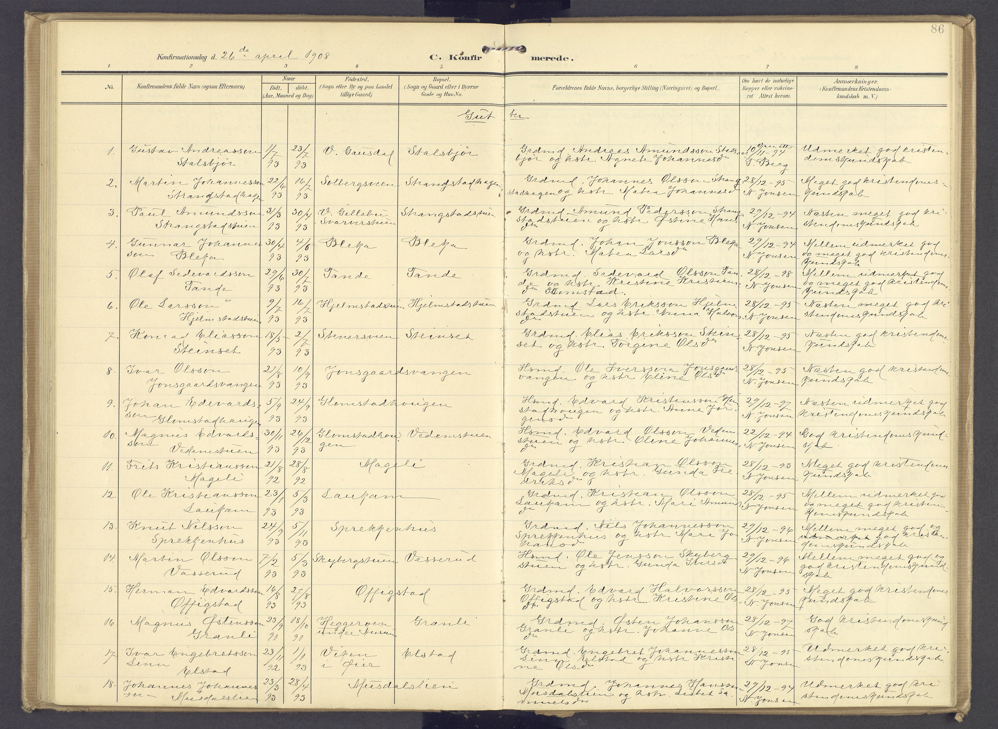 Øyer prestekontor, AV/SAH-PREST-084/H/Ha/Haa/L0013: Ministerialbok nr. 13, 1905-1920, s. 86