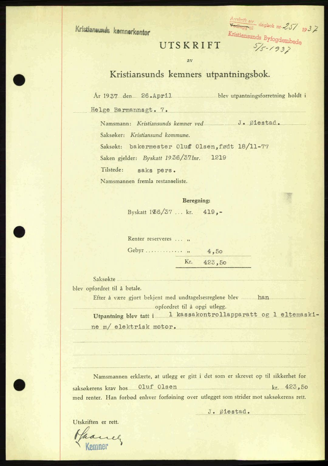 Kristiansund byfogd, SAT/A-4587/A/27: Pantebok nr. 29, 1936-1937, Dagboknr: 251/1937