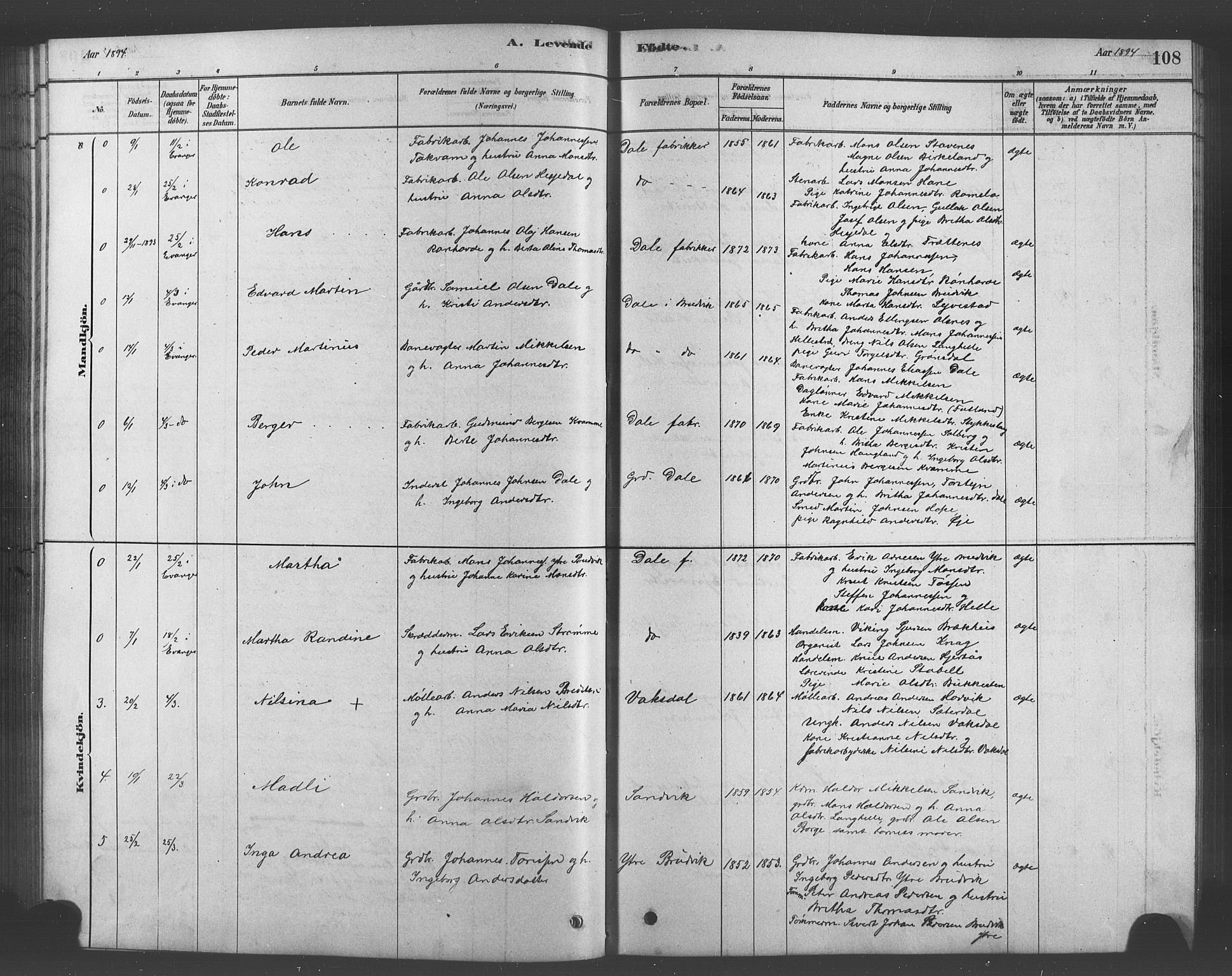 Bruvik Sokneprestembete, AV/SAB-A-74701/H/Hab: Klokkerbok nr. A 1, 1878-1907, s. 108