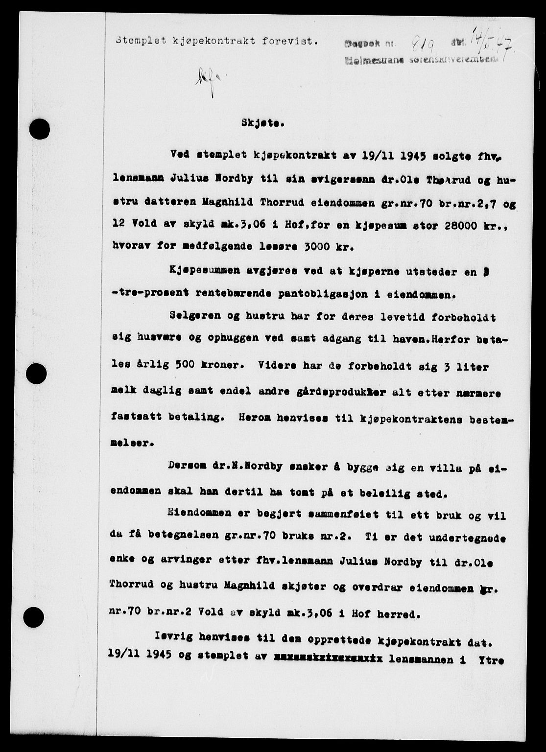 Holmestrand sorenskriveri, SAKO/A-67/G/Ga/Gaa/L0062: Pantebok nr. A-62, 1947-1947, Dagboknr: 819/1947