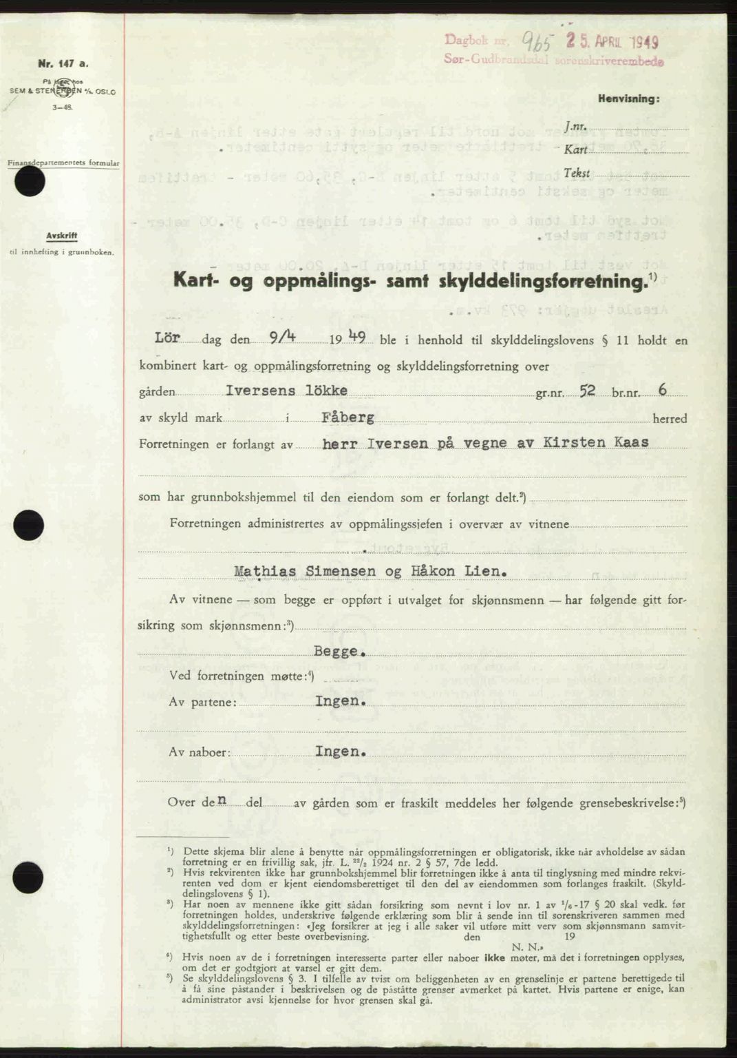Sør-Gudbrandsdal tingrett, SAH/TING-004/H/Hb/Hbd/L0024: Pantebok nr. A24, 1948-1949, Dagboknr: 965/1949