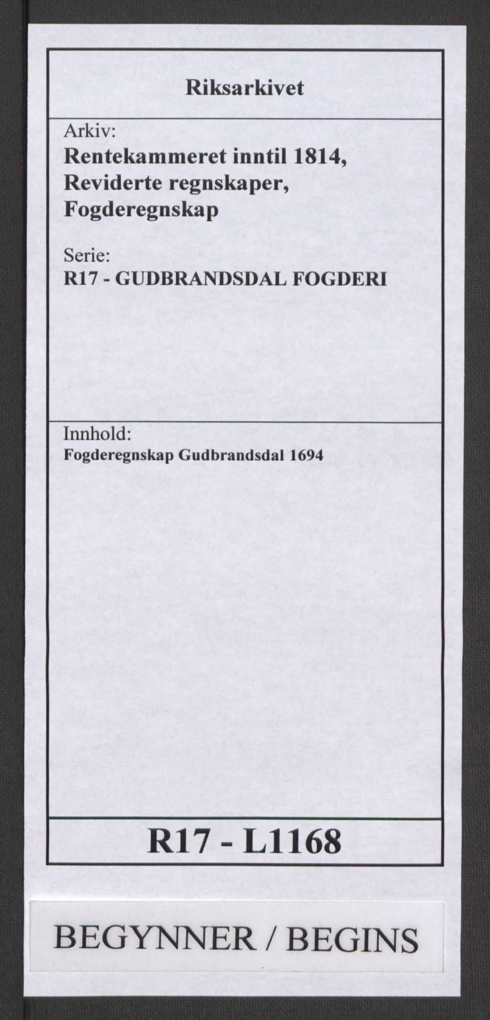 Rentekammeret inntil 1814, Reviderte regnskaper, Fogderegnskap, AV/RA-EA-4092/R17/L1168: Fogderegnskap Gudbrandsdal, 1694, s. 1