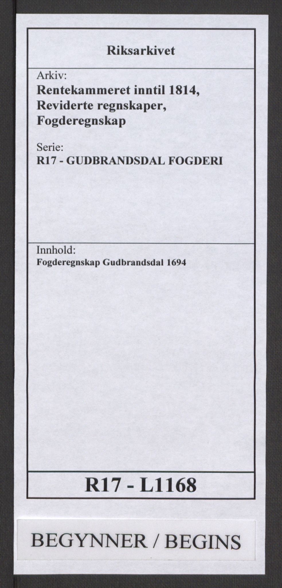 Rentekammeret inntil 1814, Reviderte regnskaper, Fogderegnskap, RA/EA-4092/R17/L1168: Fogderegnskap Gudbrandsdal, 1694, s. 1