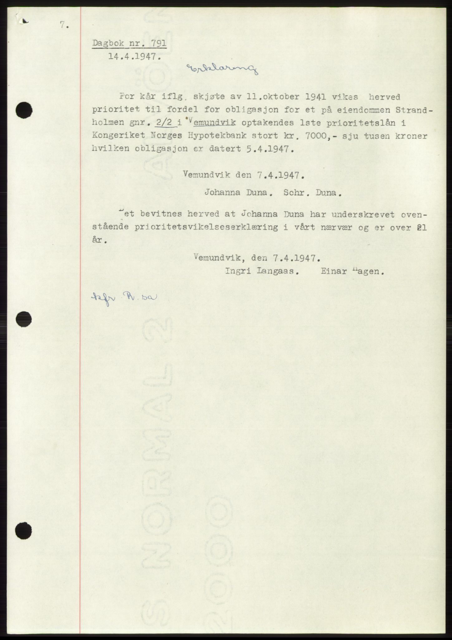 Namdal sorenskriveri, SAT/A-4133/1/2/2C: Pantebok nr. -, 1947-1947, Dagboknr: 791/1947