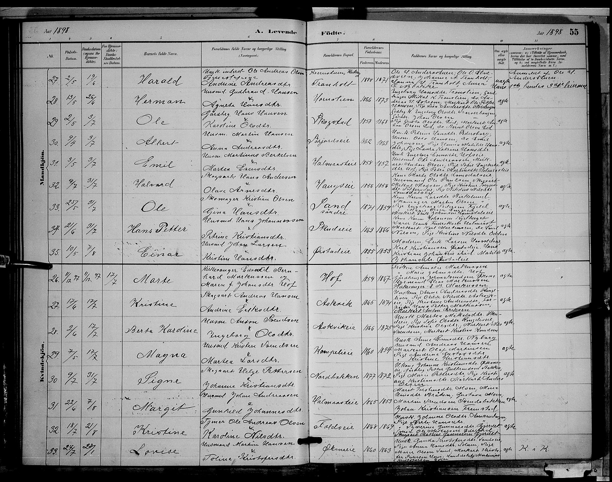 Søndre Land prestekontor, SAH/PREST-122/L/L0002: Klokkerbok nr. 2, 1884-1900, s. 55