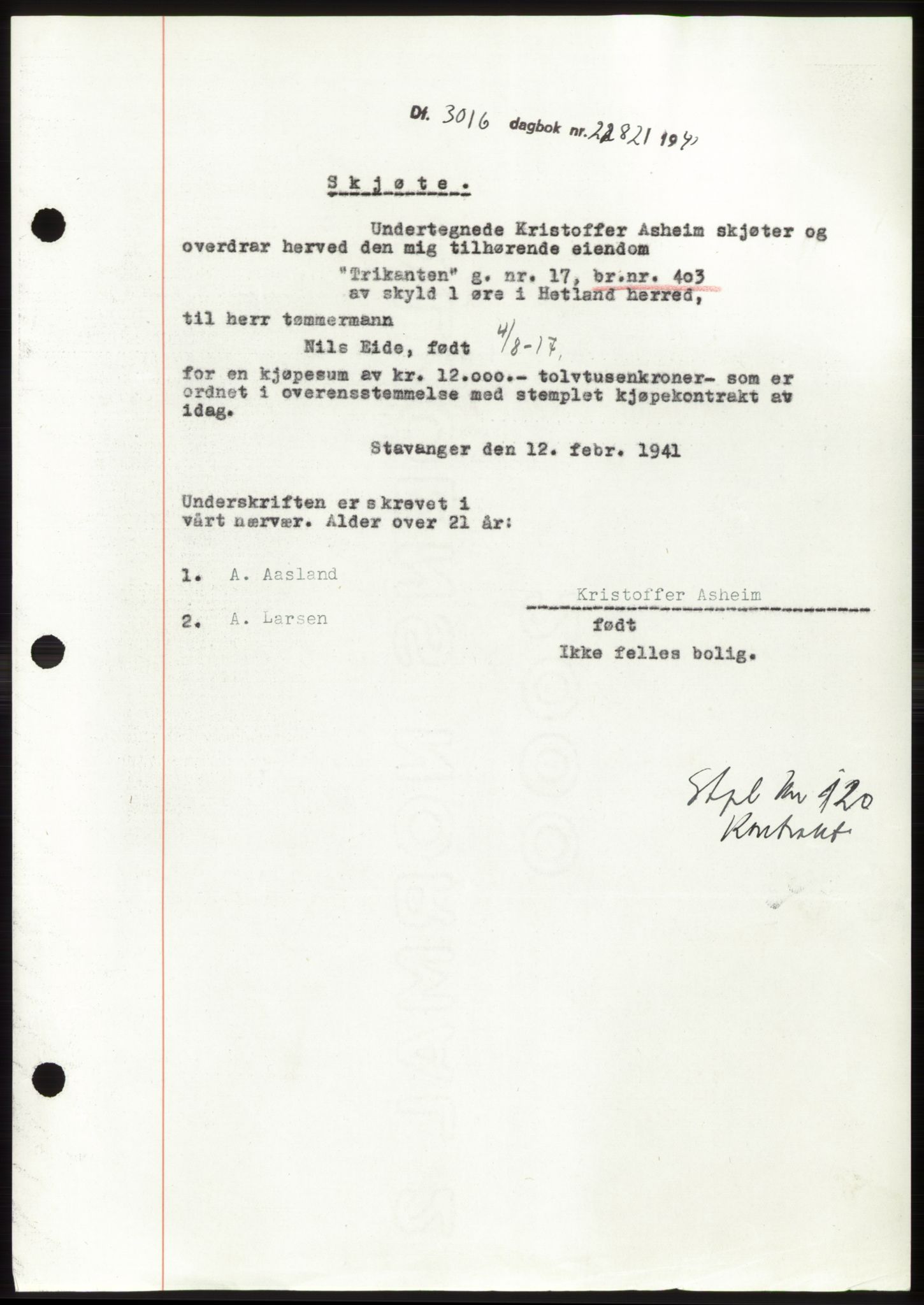 Jæren sorenskriveri, SAST/A-100310/03/G/Gba/L0080: Pantebok, 1941-1941, Dagboknr: 2282/1941