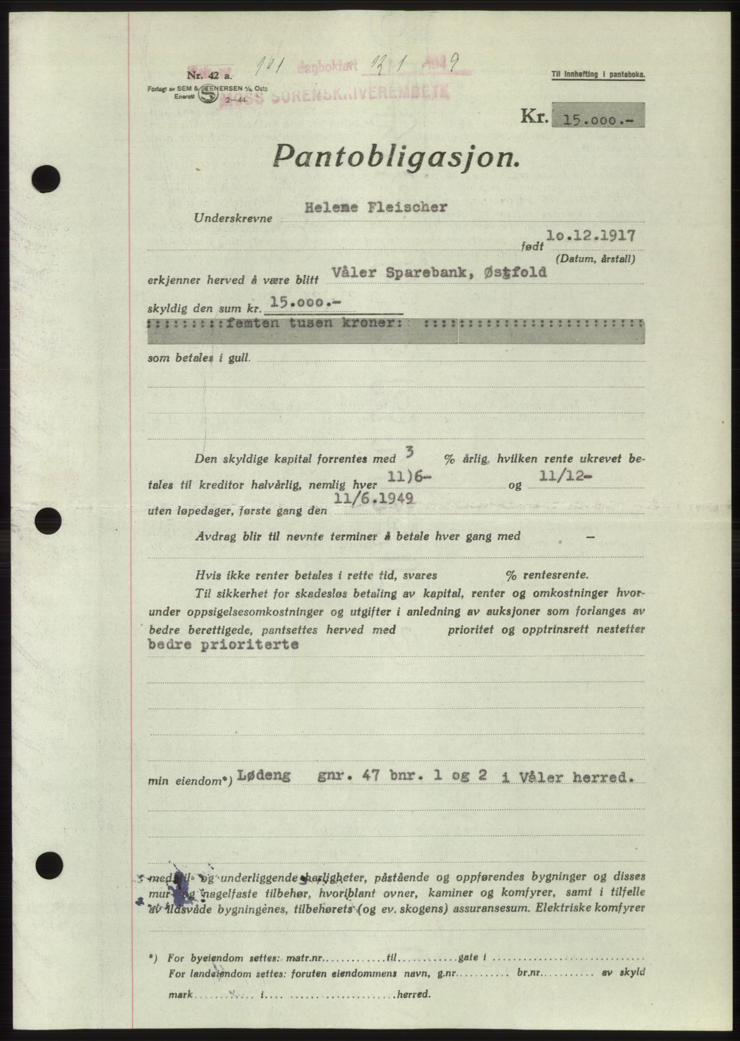 Moss sorenskriveri, SAO/A-10168: Pantebok nr. B21, 1949-1949, Dagboknr: 101/1949