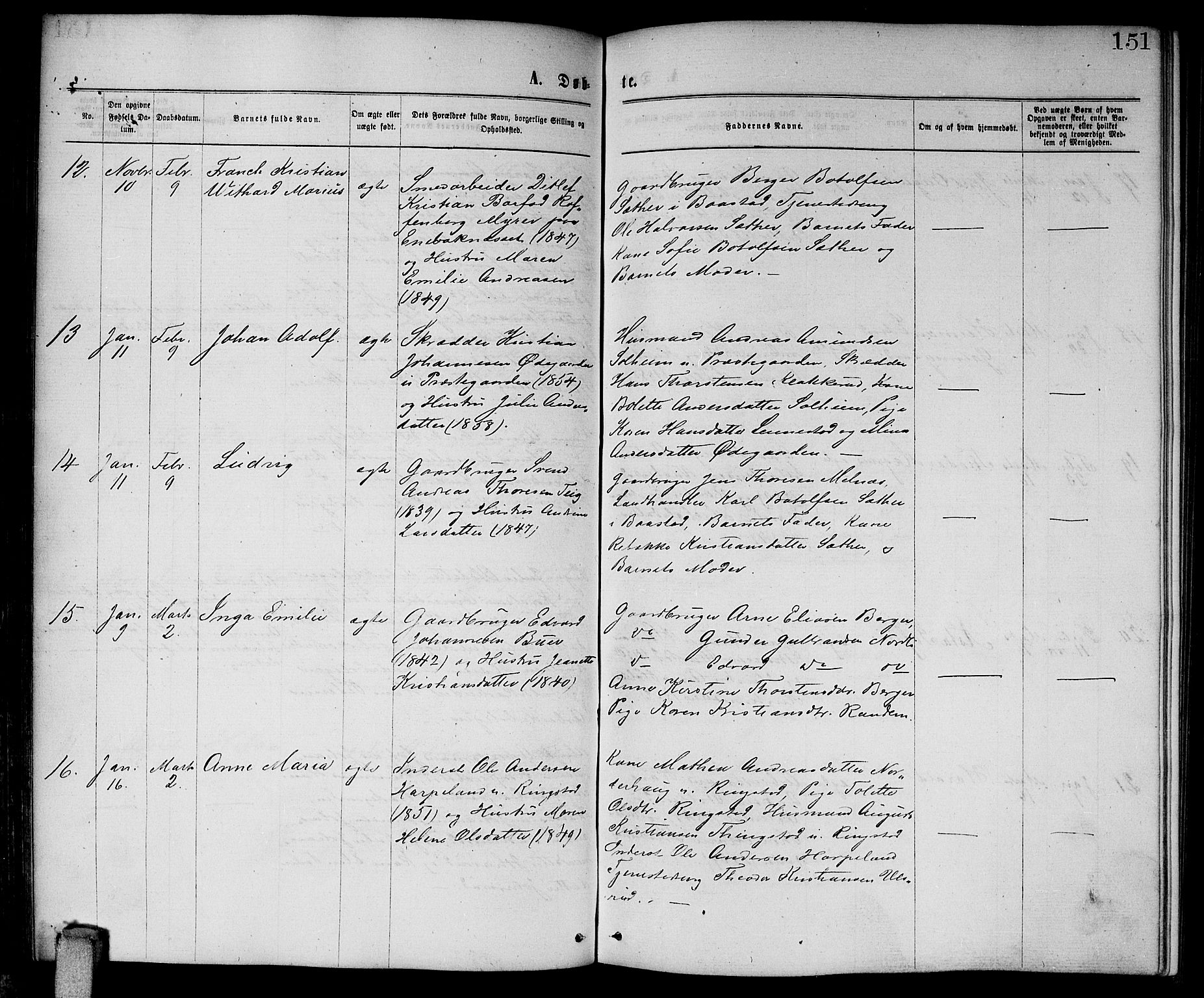 Enebakk prestekontor Kirkebøker, AV/SAO-A-10171c/G/Ga/L0005: Klokkerbok nr. I 5, 1867-1888, s. 151