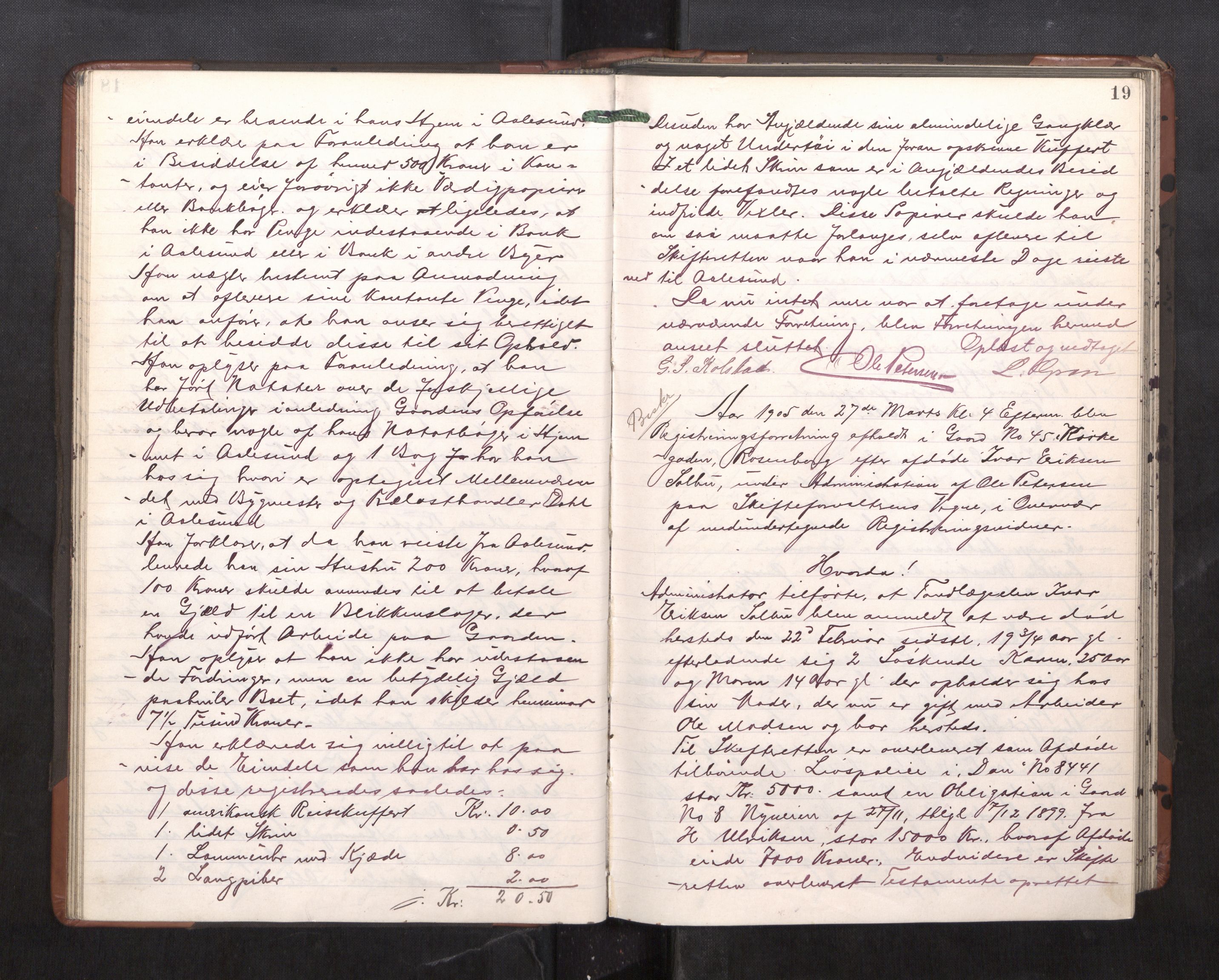 Trondheim byfogd, AV/SAT-A-0003/1/3/3C/L0023: Skifteregistreringsprotokoll - 11/2-15/5. (u/ register), 1905-1907, s. 19