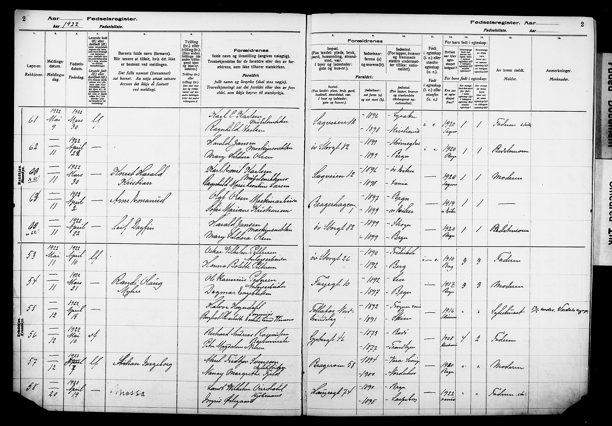 Bragernes kirkebøker, AV/SAKO-A-6/J/Ja/L0002: Fødselsregister nr. 2, 1922-1930, s. 2