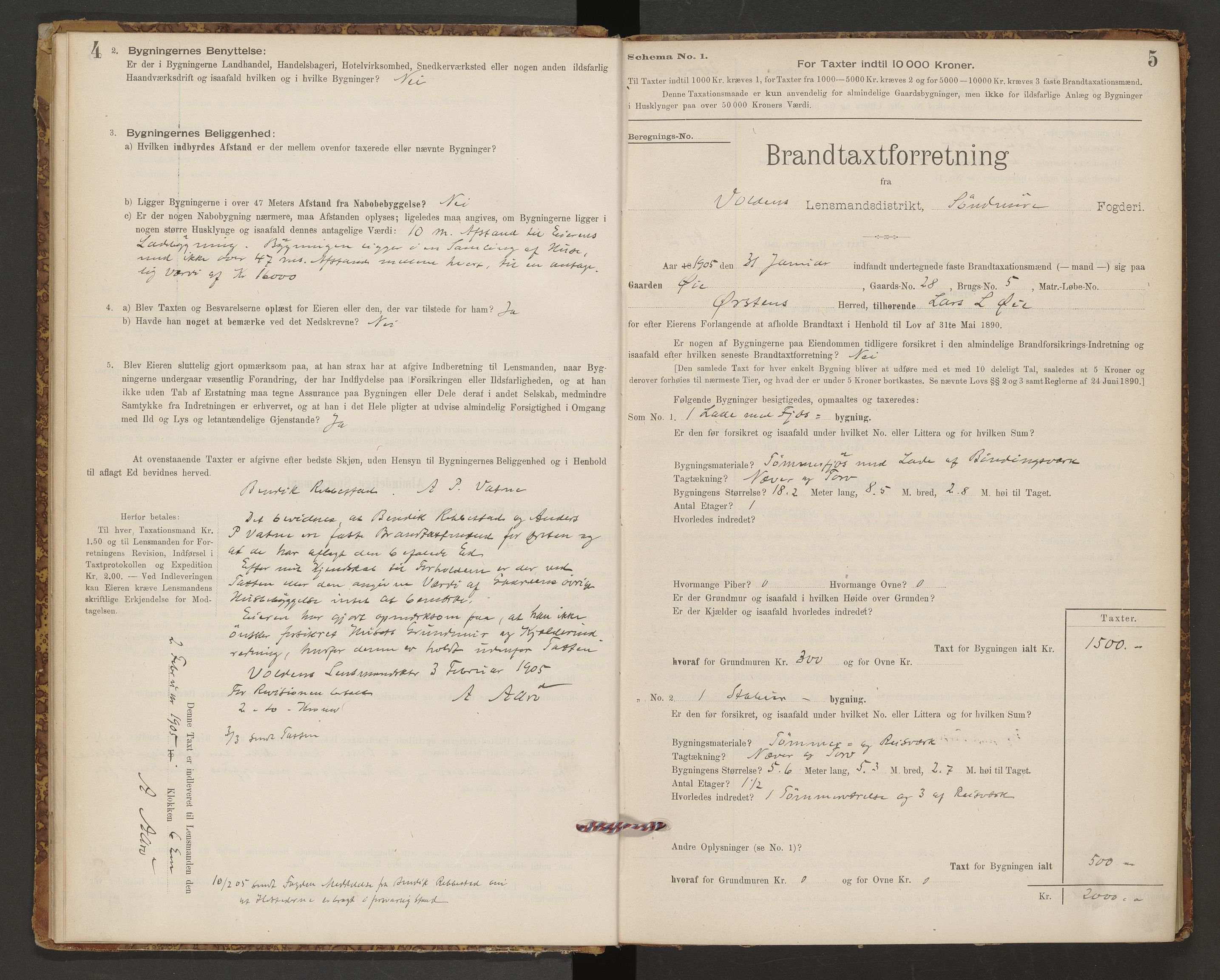 Norges Brannkasse Volda, AV/SAT-A-5488/F/Fb/L0001: Branntakstprotokoll, 1905-1944, s. 4-5