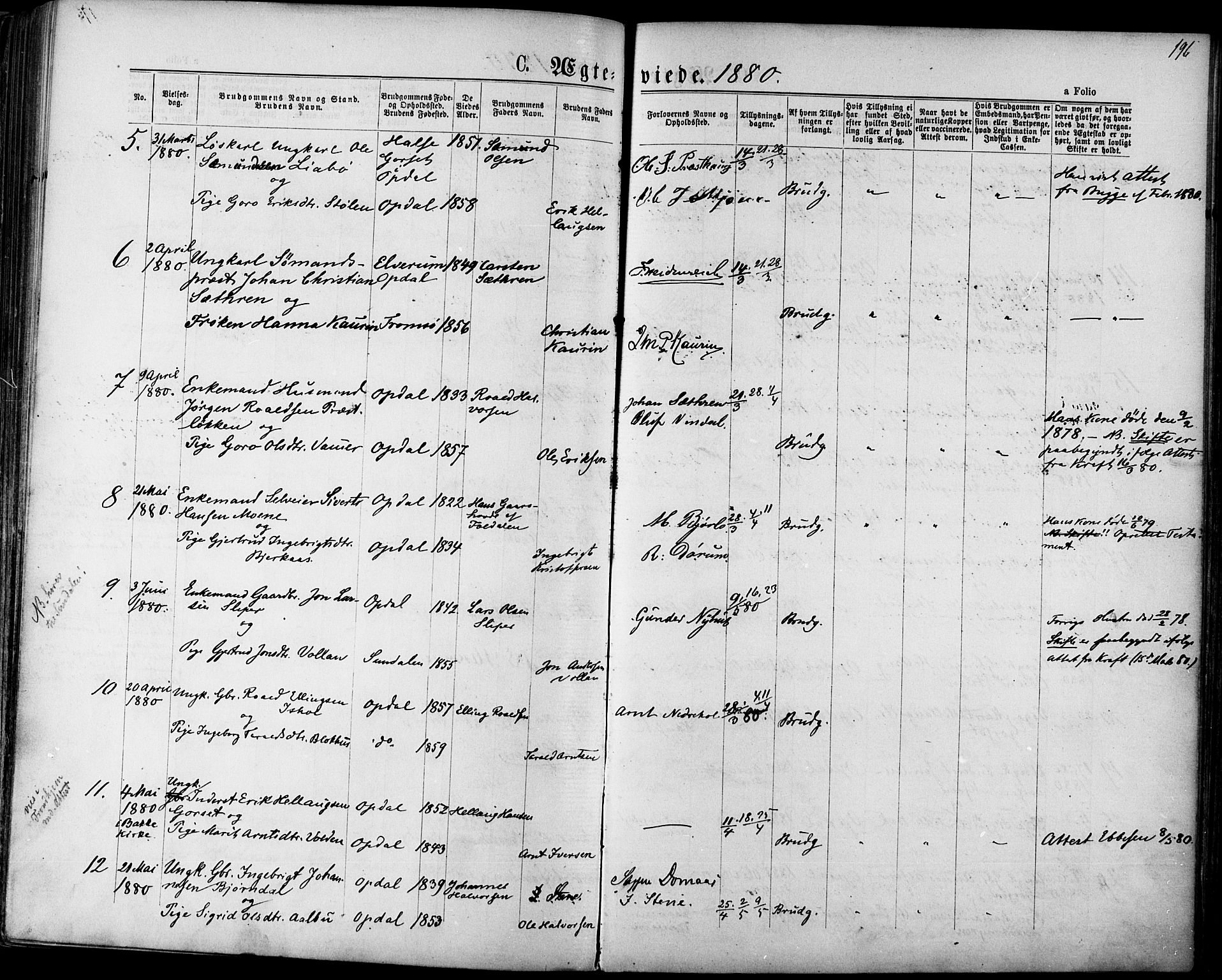 Ministerialprotokoller, klokkerbøker og fødselsregistre - Sør-Trøndelag, AV/SAT-A-1456/678/L0900: Ministerialbok nr. 678A09, 1872-1881, s. 196