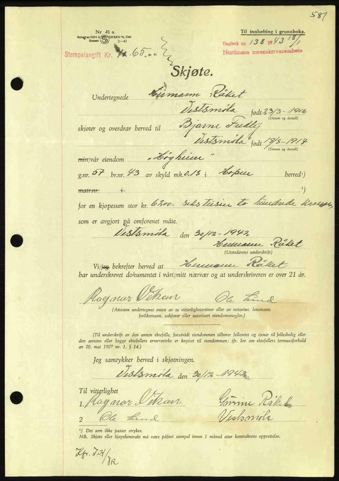 Nordmøre sorenskriveri, AV/SAT-A-4132/1/2/2Ca: Pantebok nr. A94, 1942-1943, Dagboknr: 138/1943
