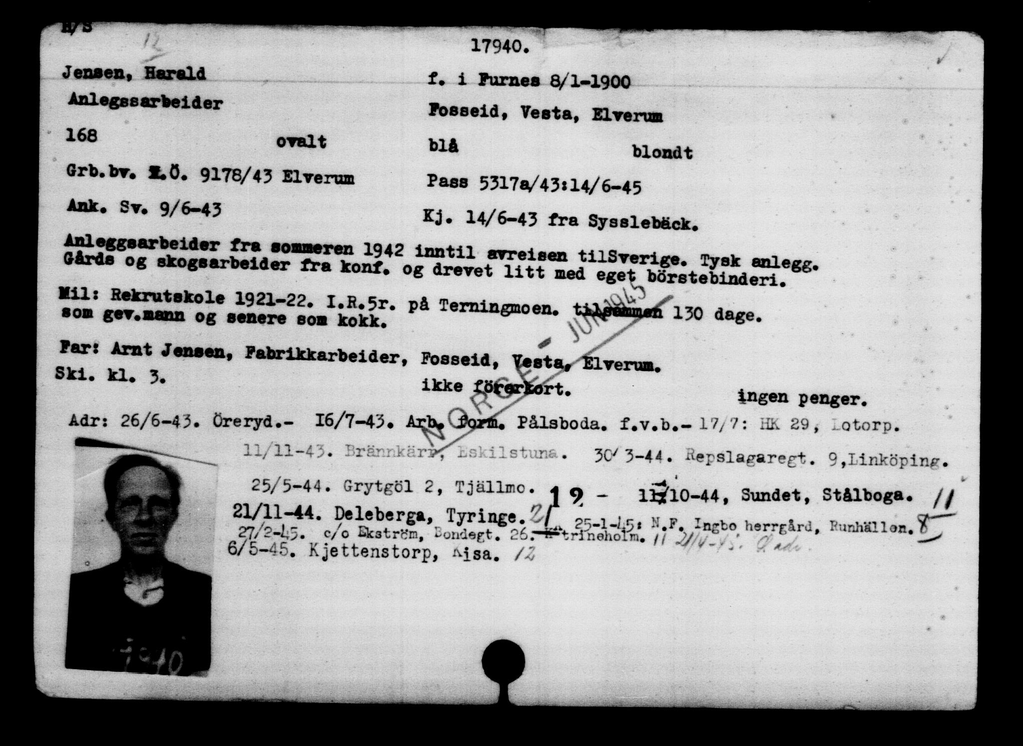 Utenriksstasjonene, Legasjonen i Stockholm, Flyktningkontoret, AV/RA-S-6753/V/Va/L0008: Kjesäterkartoteket, flyktninger med registreringsnr. 15700-18547, 1940-1945, s. 2493