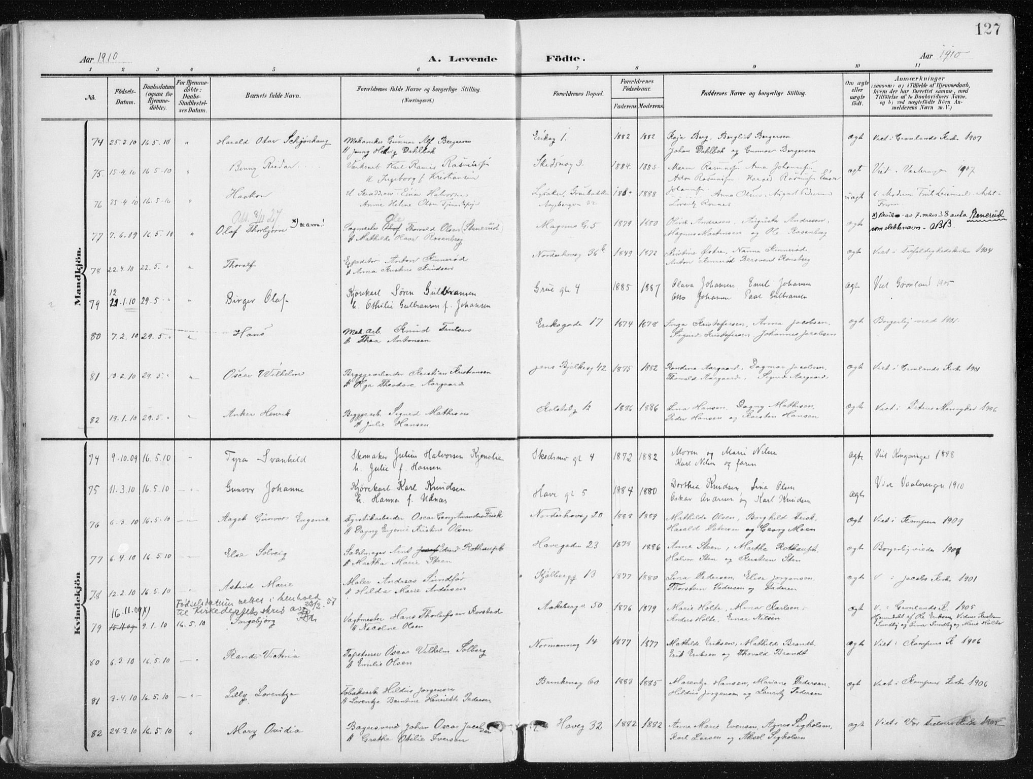 Kampen prestekontor Kirkebøker, SAO/A-10853/F/Fa/L0010: Ministerialbok nr. I 10, 1905-1917, s. 127