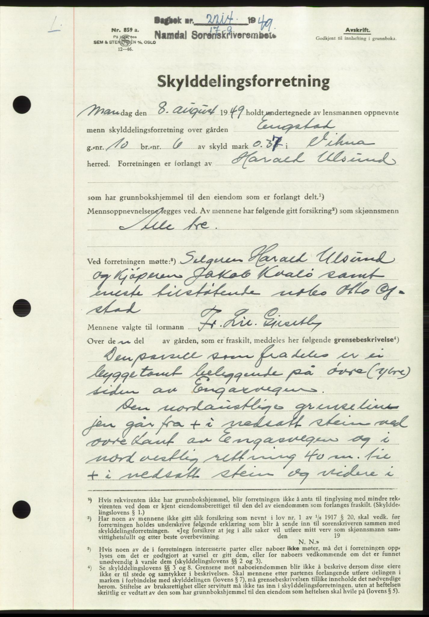 Namdal sorenskriveri, SAT/A-4133/1/2/2C: Pantebok nr. -, 1949-1949, Dagboknr: 2214/1949