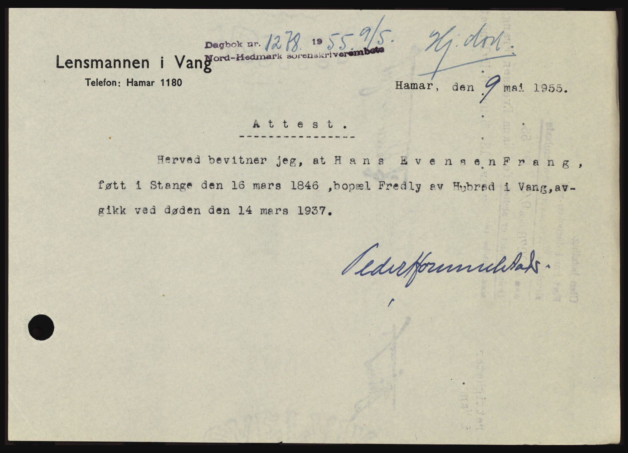 Nord-Hedmark sorenskriveri, SAH/TING-012/H/Hc/L0010: Pantebok nr. 10, 1955-1956, Dagboknr: 1278/1955