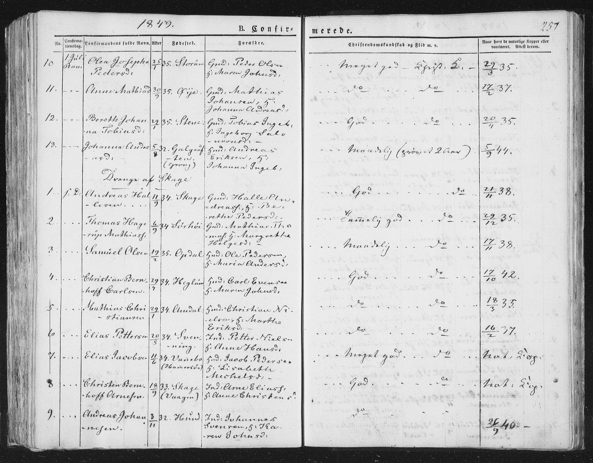 Ministerialprotokoller, klokkerbøker og fødselsregistre - Nord-Trøndelag, AV/SAT-A-1458/764/L0551: Ministerialbok nr. 764A07a, 1824-1864, s. 257