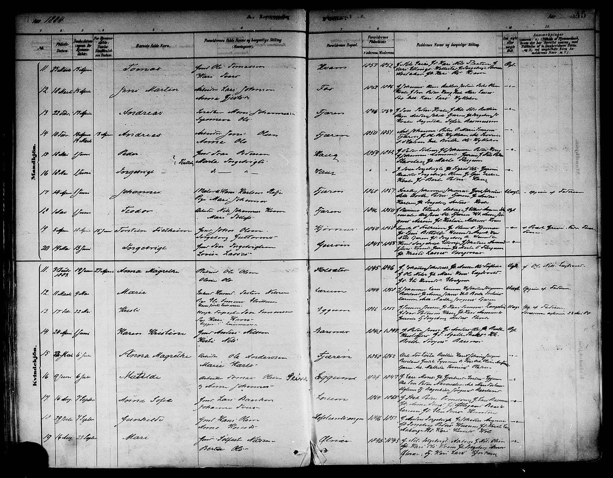 Sogndal sokneprestembete, AV/SAB-A-81301/H/Haa/Haab/L0001: Ministerialbok nr. B 1, 1878-1899, s. 45